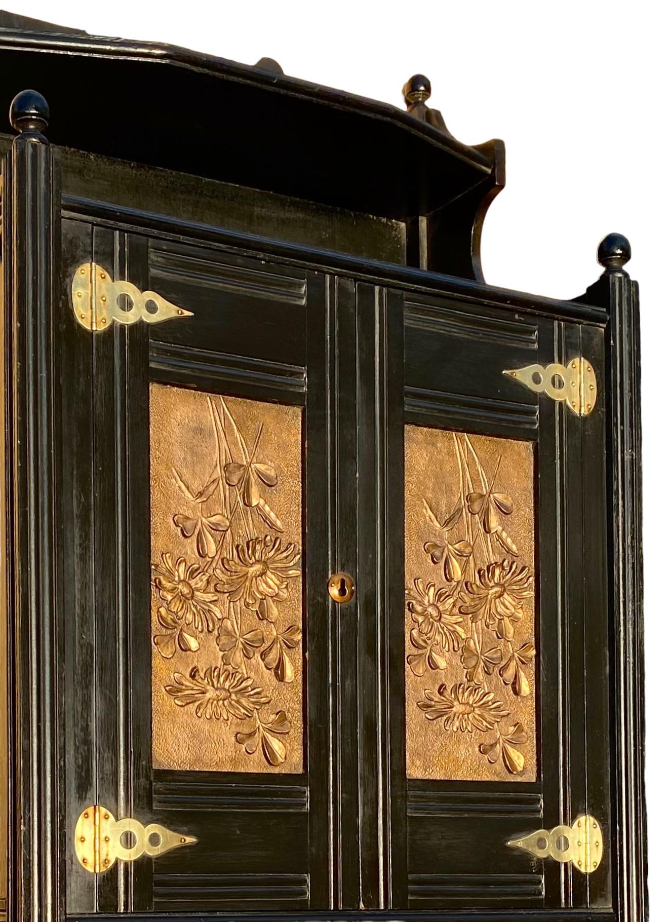 English Aesthetic Ebonized Wood and Brass Wall Cabinet 3