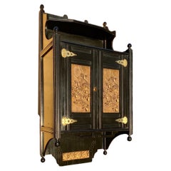 English Aesthetic Ebonized Wood and Brass Wall Cabinet,