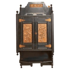 Antique English Aesthetic Ebonized Wood and Brass Wall Cabinet