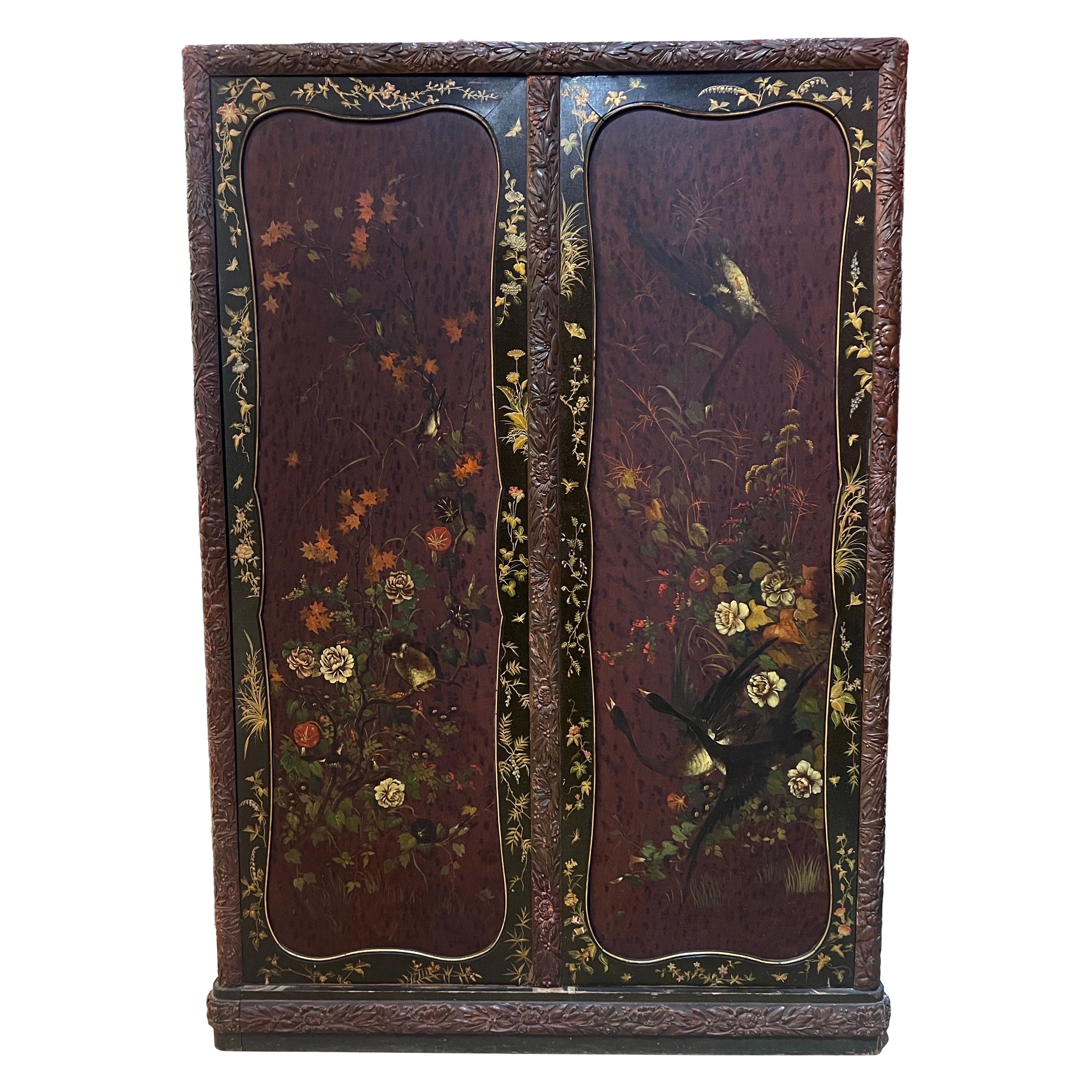 English Aesthetic Movement Antique Handpainted Cabinet, in Japanese Style