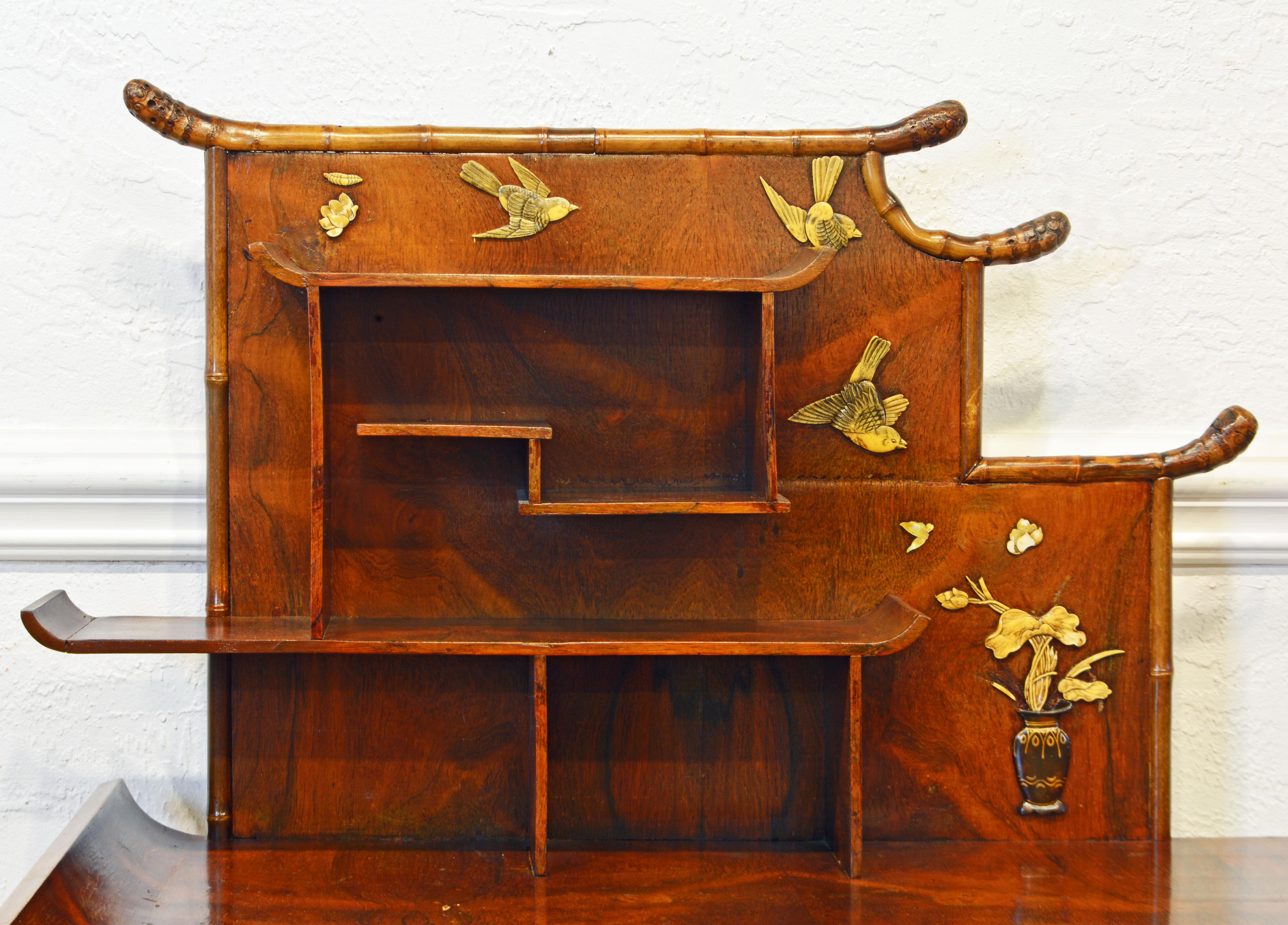 English Aesthetic Movement Artfully Decorated Bamboo and Wood Secretary Desk In Good Condition In Ft. Lauderdale, FL