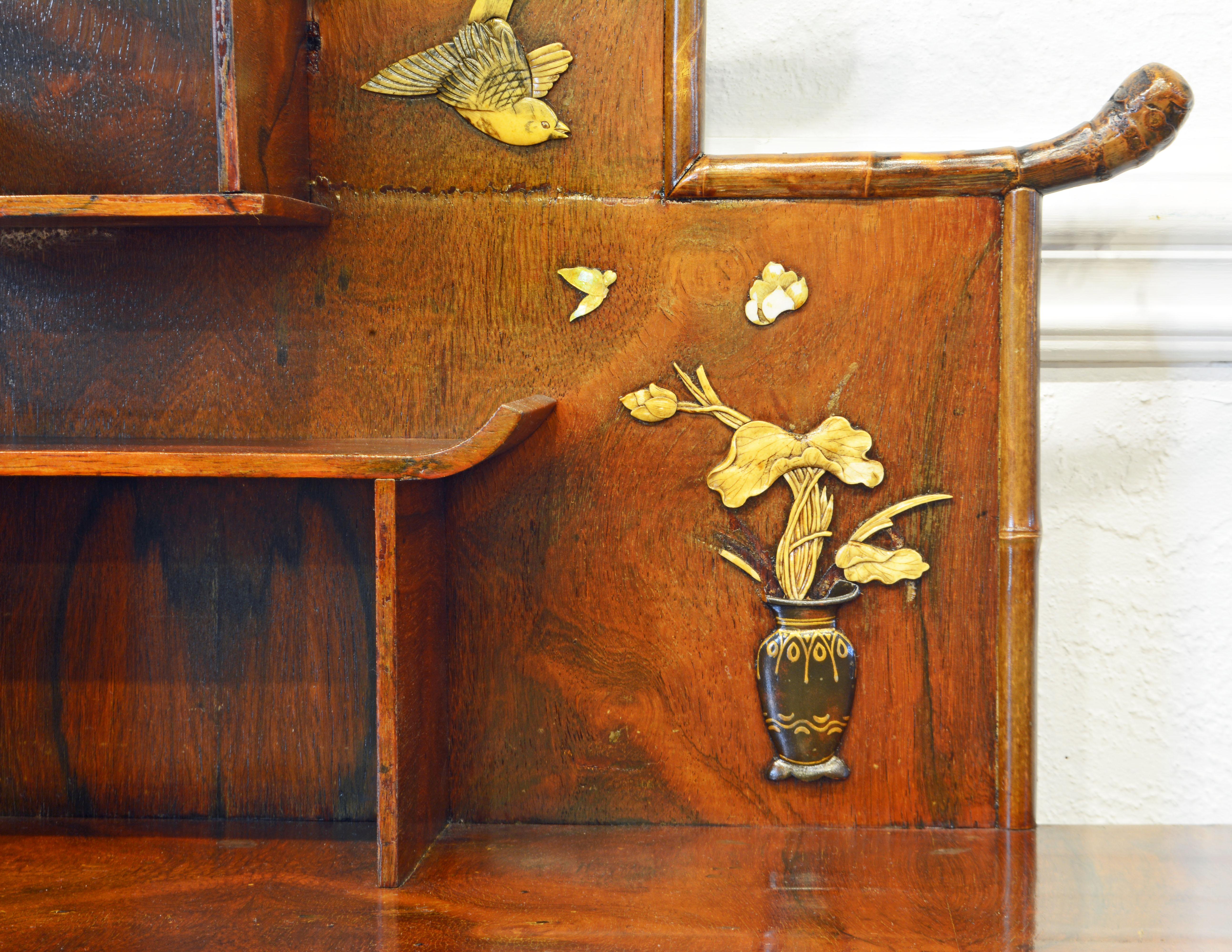 Bone English Aesthetic Movement Artfully Decorated Bamboo and Wood Secretary Desk