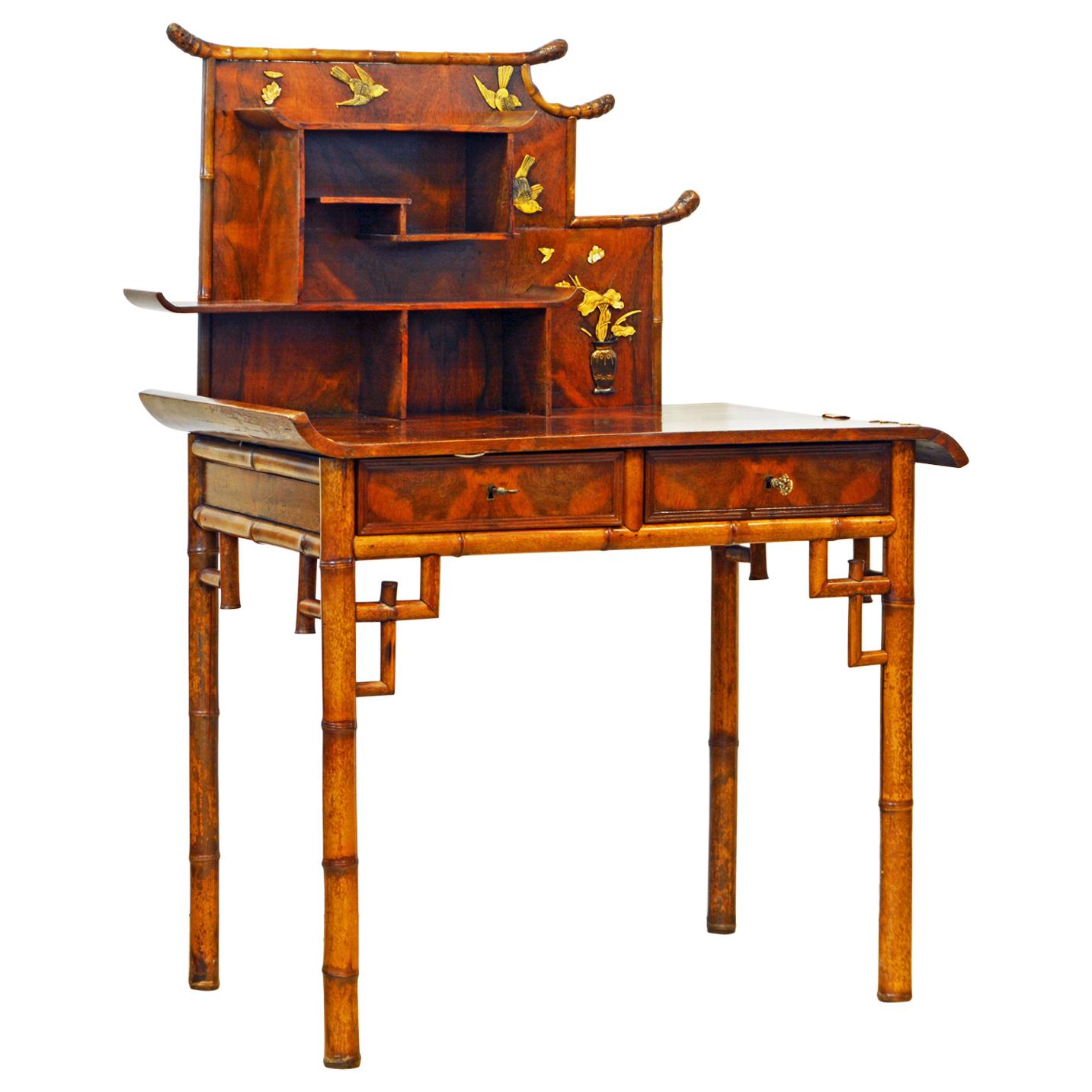 English Aesthetic Movement Artfully Decorated Bamboo and Wood Secretary Desk