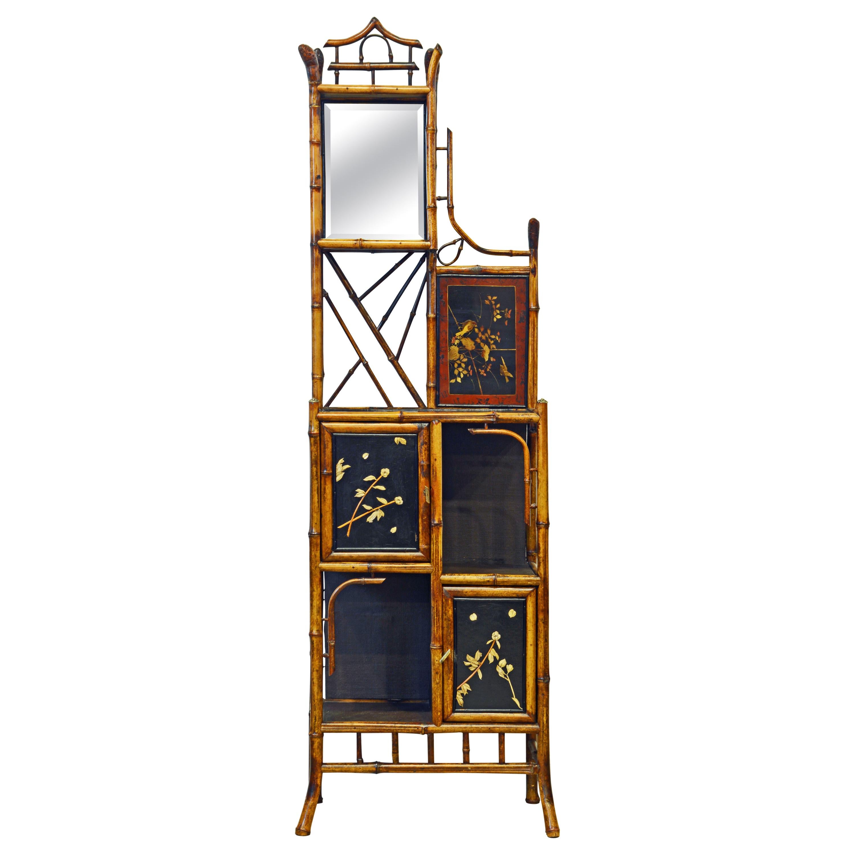 English Aesthetic Movement Bamboo and Lacquer Cabinet Étagère, Late 19th Century