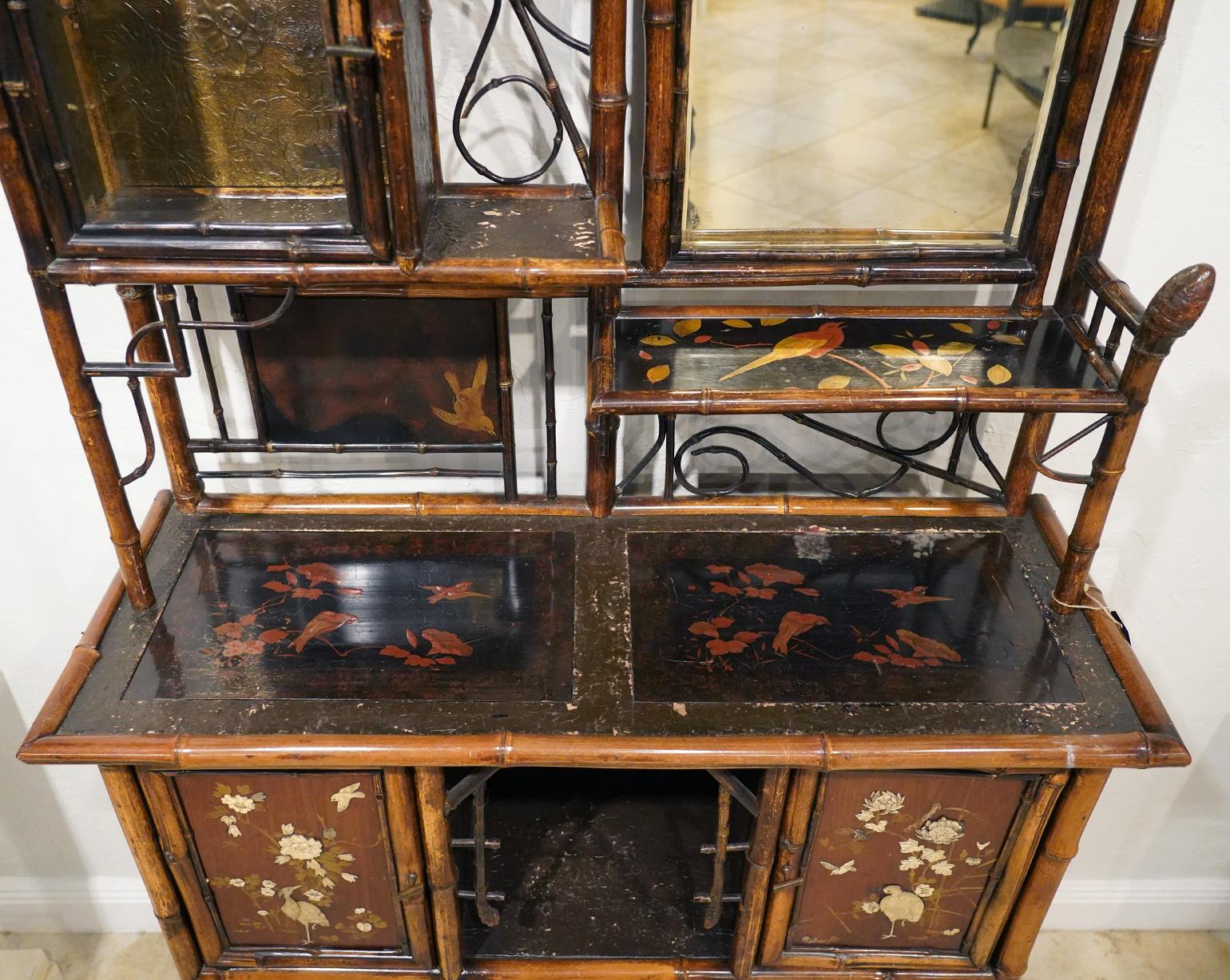 English Aesthetic Movement Bamboo and Lacquer Inlaid Cabinet Etagere, circa 1890 5