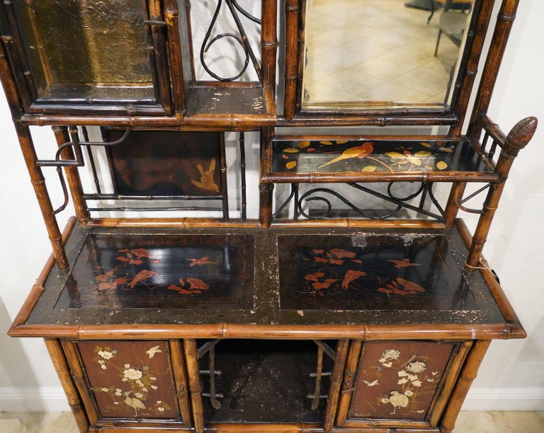 English Aesthetic Movement Bamboo and Lacquer Inlaid Cabinet Etagere, circa 1890 For Sale 5