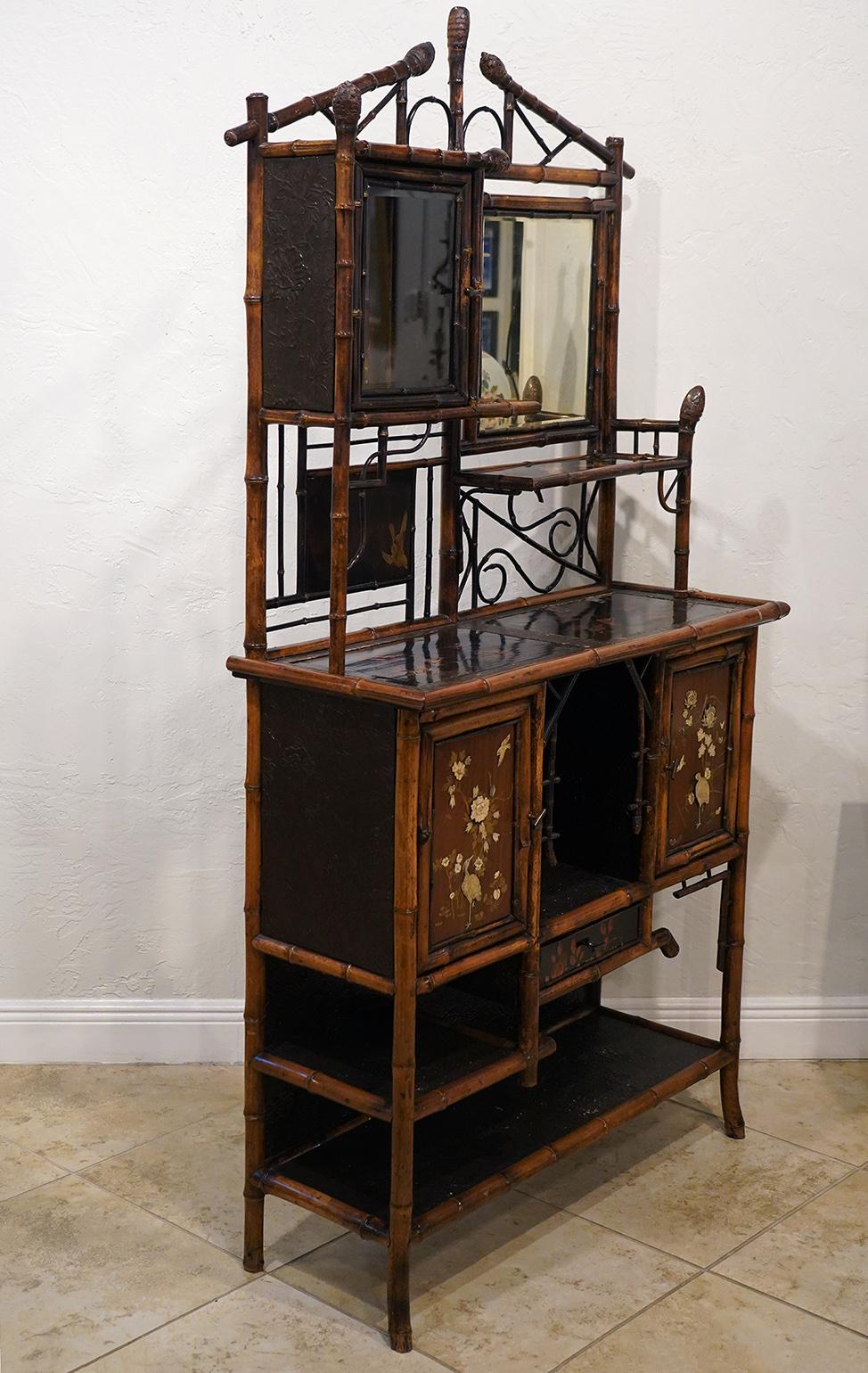 English Aesthetic Movement Bamboo and Lacquer Inlaid Cabinet Etagere, circa 1890 6