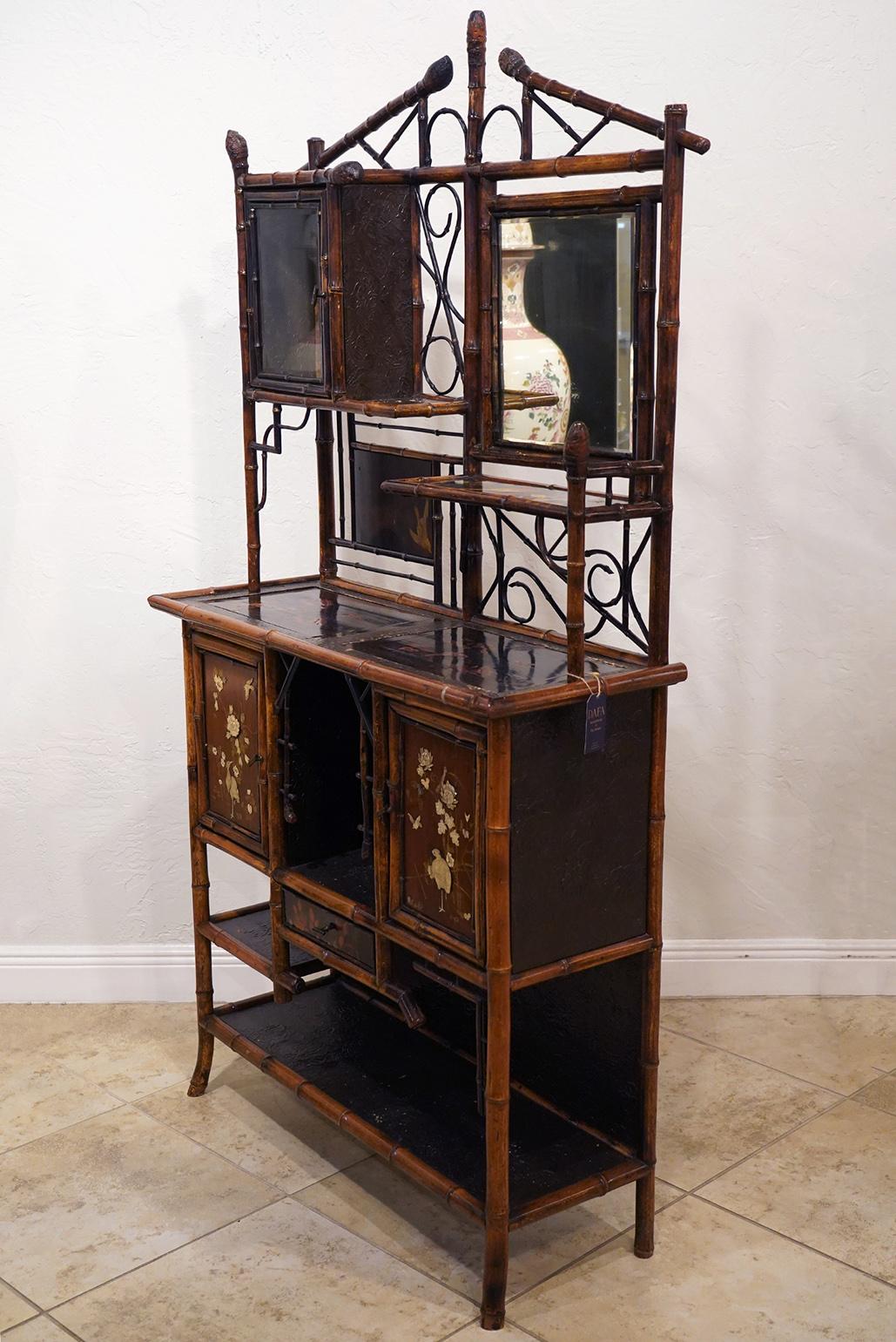 English Aesthetic Movement Bamboo and Lacquer Inlaid Cabinet Etagere, circa 1890 8