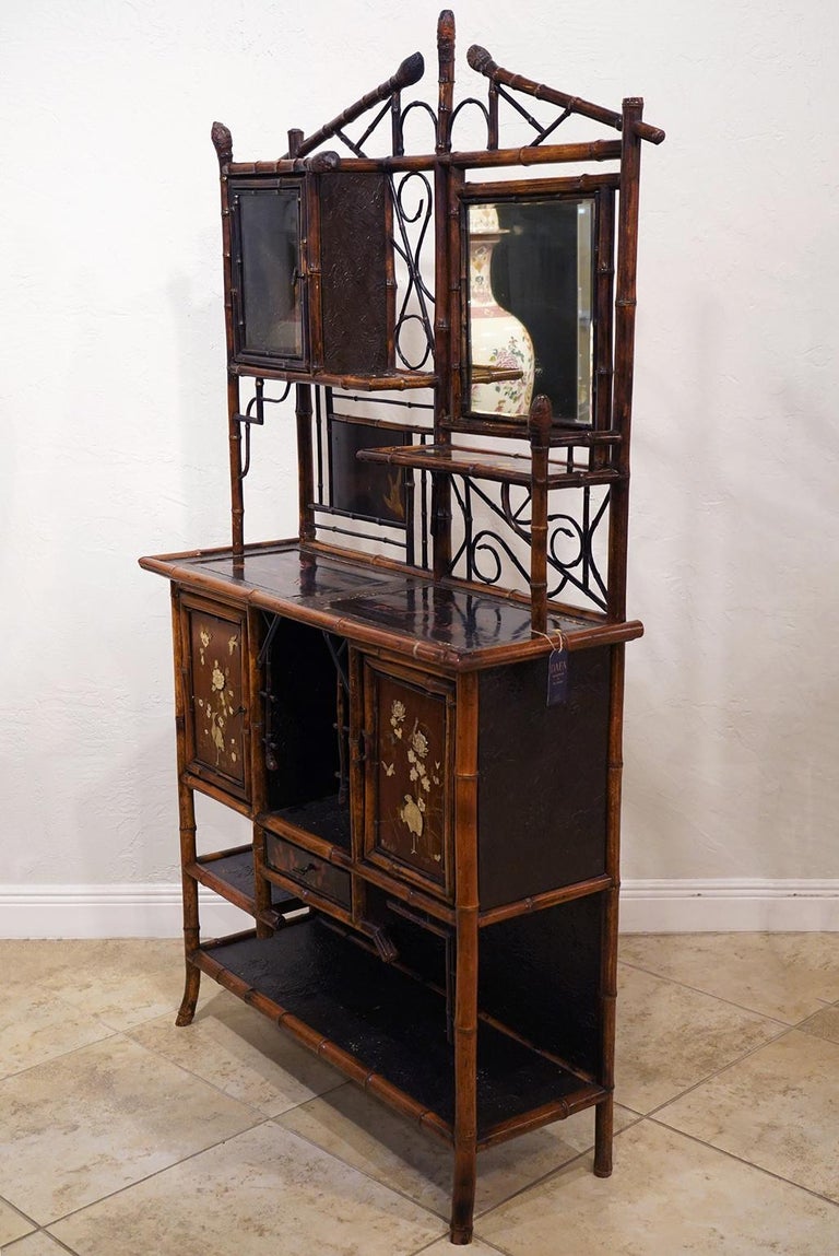 English Aesthetic Movement Bamboo and Lacquer Inlaid Cabinet Etagere, circa 1890 For Sale 8