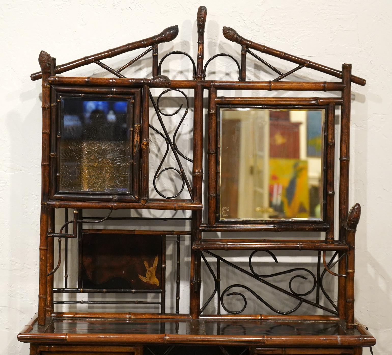 English Aesthetic Movement Bamboo and Lacquer Inlaid Cabinet Etagere, circa 1890 In Good Condition In Ft. Lauderdale, FL