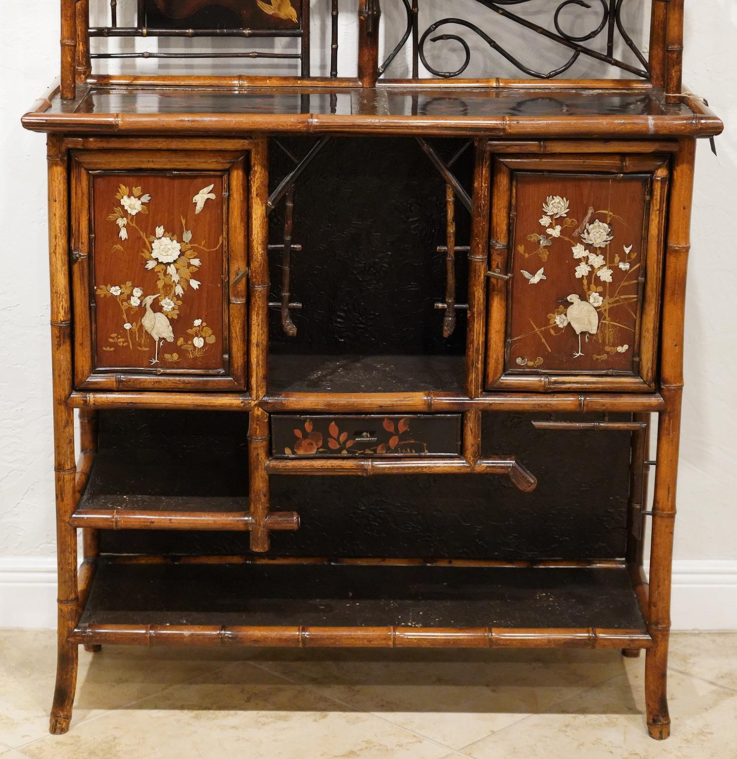 19th Century English Aesthetic Movement Bamboo and Lacquer Inlaid Cabinet Etagere, circa 1890