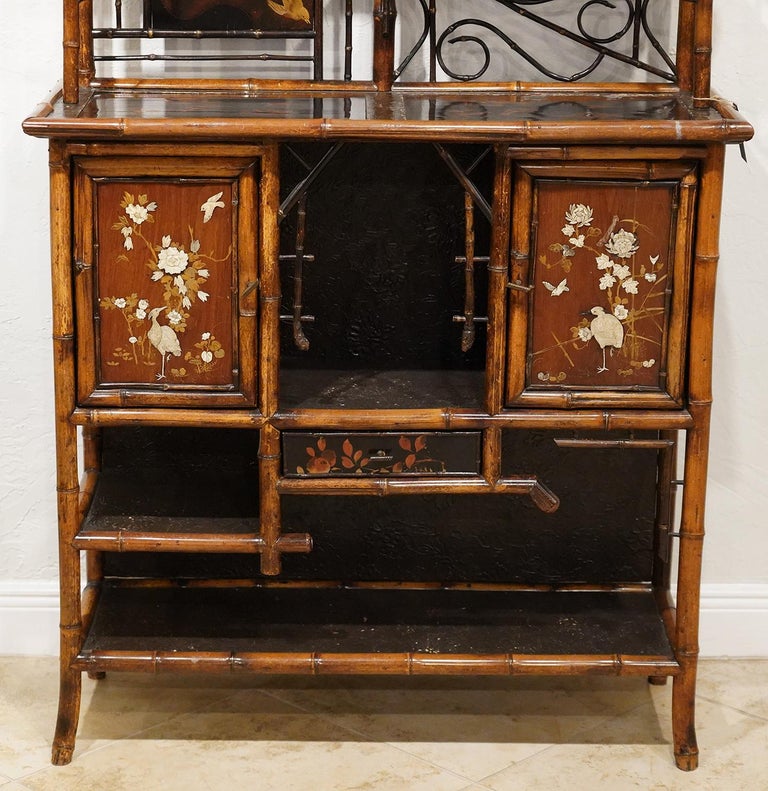 19th Century English Aesthetic Movement Bamboo and Lacquer Inlaid Cabinet Etagere, circa 1890 For Sale