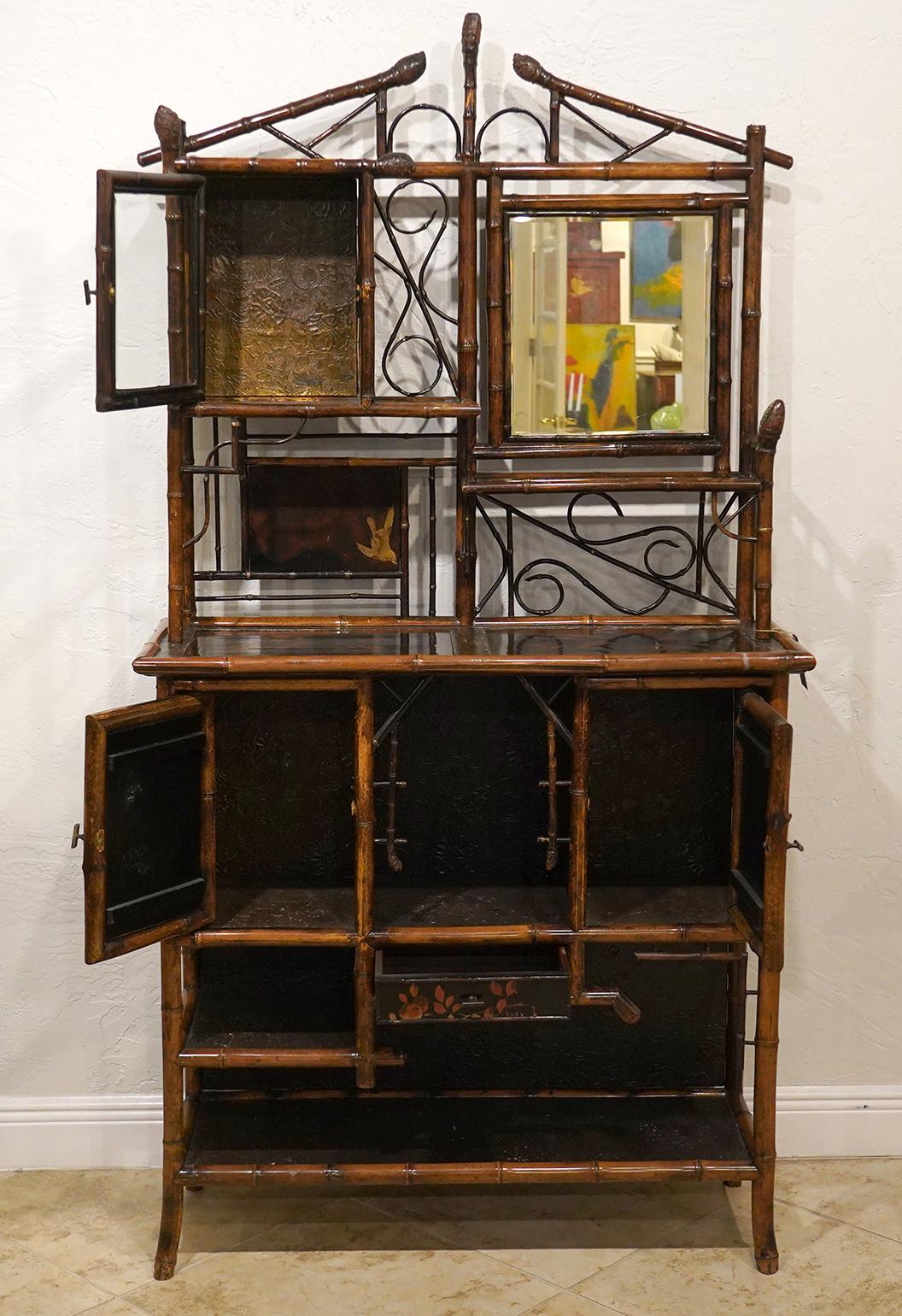 Bone English Aesthetic Movement Bamboo and Lacquer Inlaid Cabinet Etagere, circa 1890