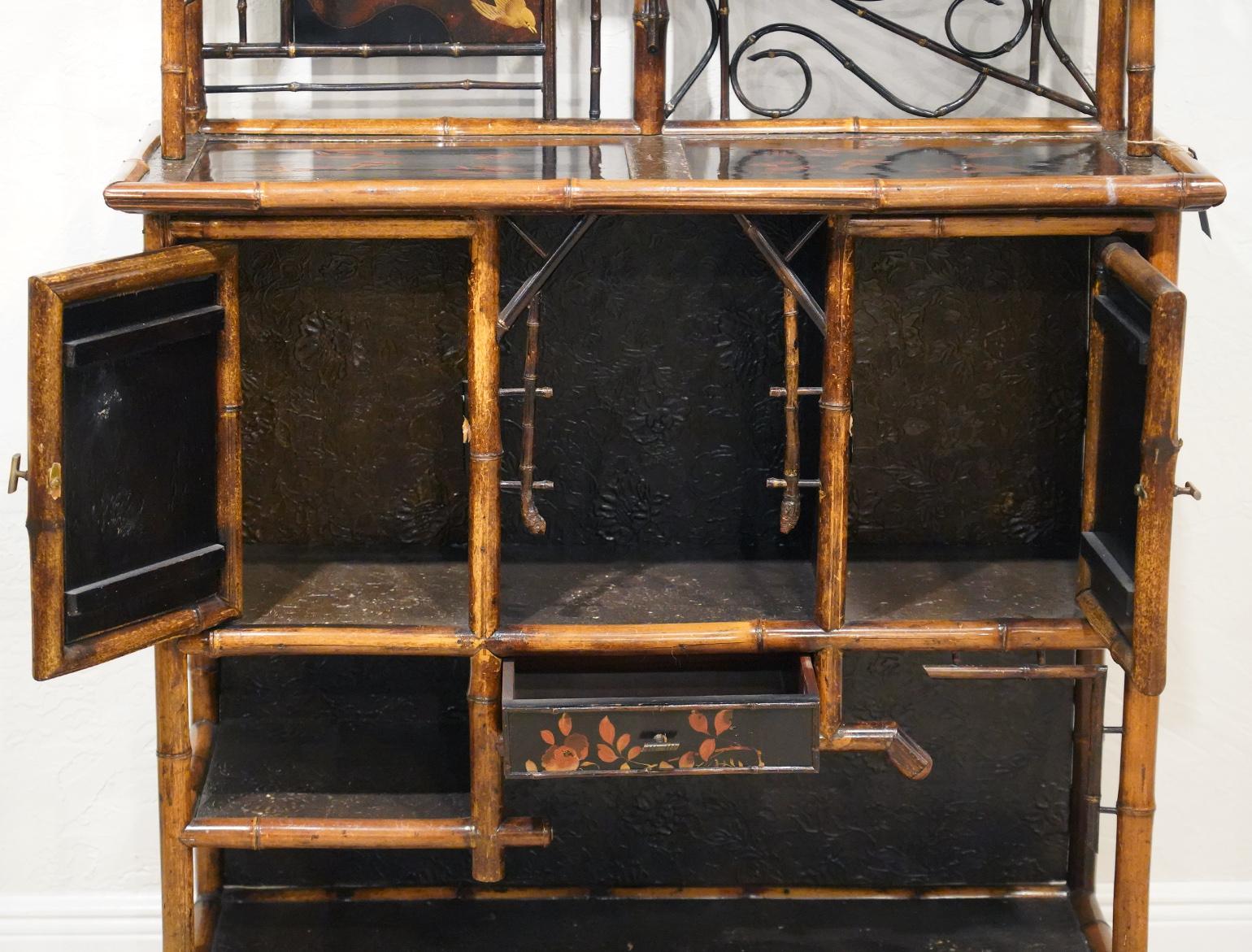 English Aesthetic Movement Bamboo and Lacquer Inlaid Cabinet Etagere, circa 1890 1
