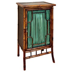 English Aesthetic Movement Bamboo Cabinet, 1880, Japonesque Top, Green Curtain