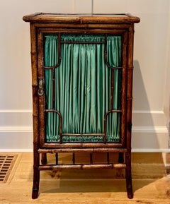 English Aesthetic Movement Bamboo Cabinet, 1880, Japonesque Top, Green Curtain