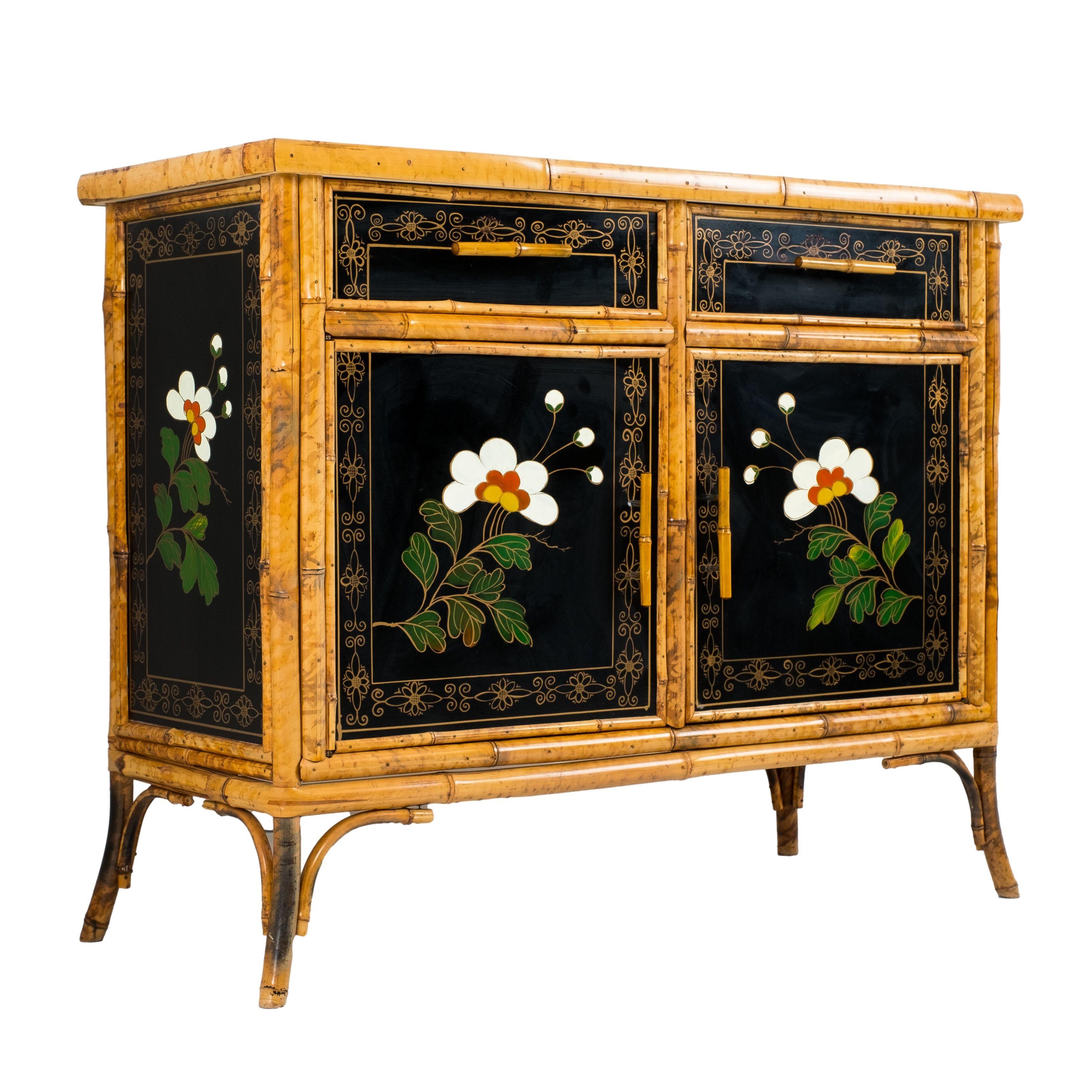 Enamel English Aesthetic Movement Bamboo Framed Leather Topped Cabinet