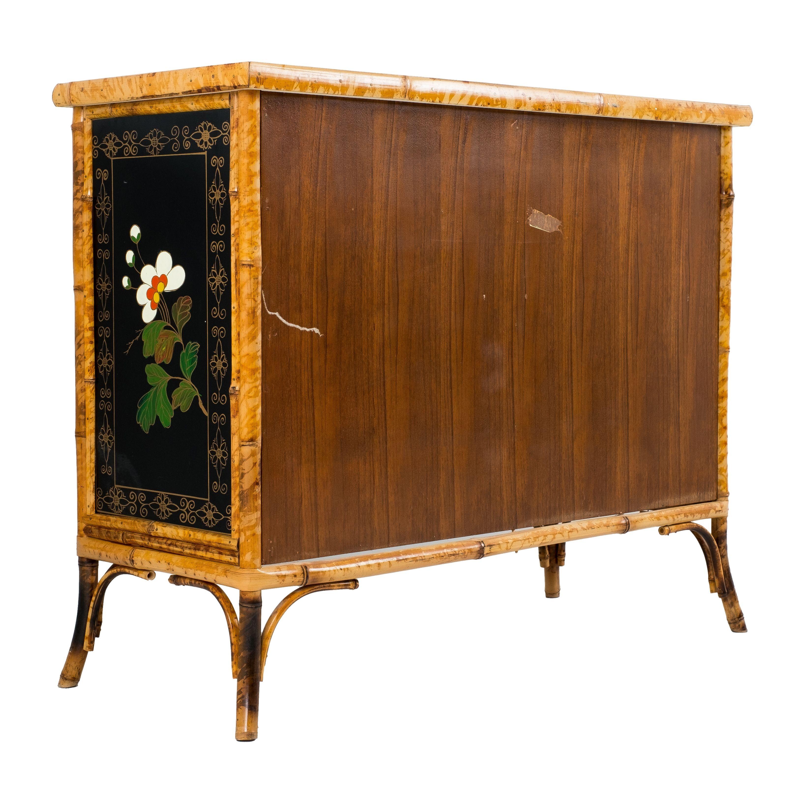 English Aesthetic Movement Bamboo Framed Leather Topped Cabinet 1
