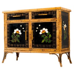 English Aesthetic Movement Bamboo Framed Leather Topped Cabinet