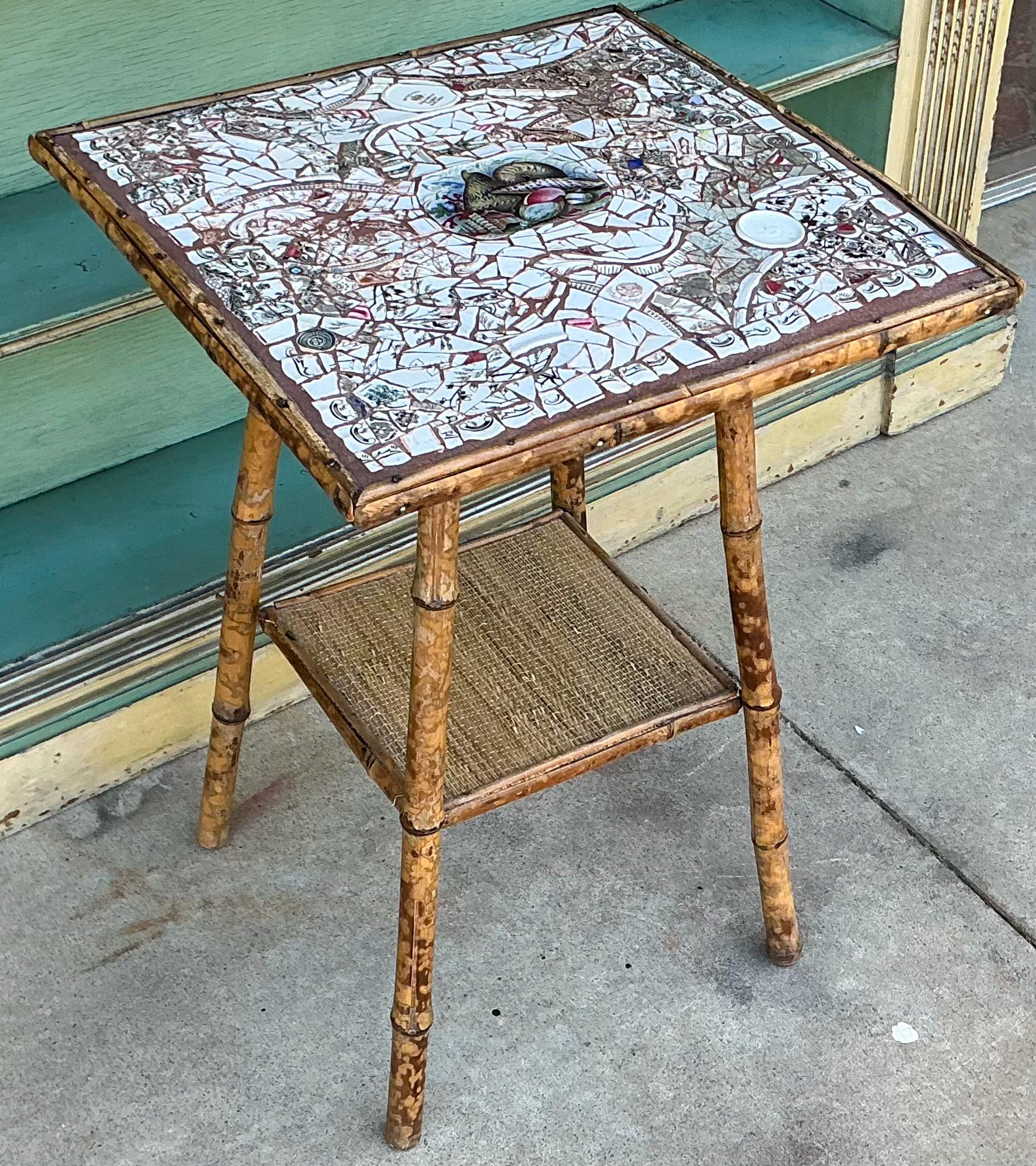 Pottery English Aesthetic Movement Bamboo Side Table W/ Shell Transferware Mosaic Top For Sale
