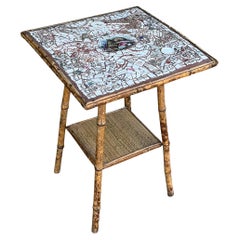 Englisch Aesthetic Movement Bambus Beistelltisch W / Shell Transferware Mosaik Top