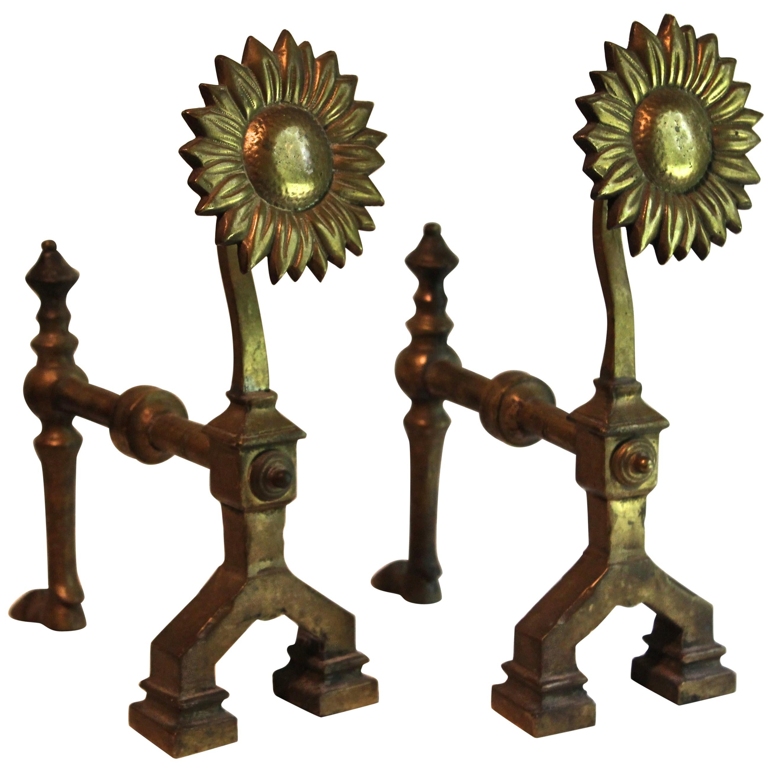 English Aesthetic Movement Bronze "Sunflower" Andirons Manner Thomas Jeckyll