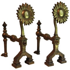 English Aesthetic Movement Bronze "Sunflower" Andirons Manner Thomas Jeckyll