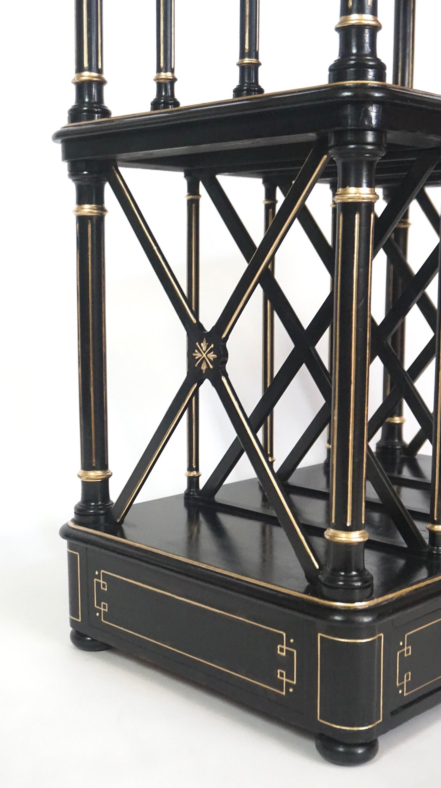 English Aesthetic Movement Ebonized and Parcel Gilt Canterbury Stand or Étagère For Sale 5