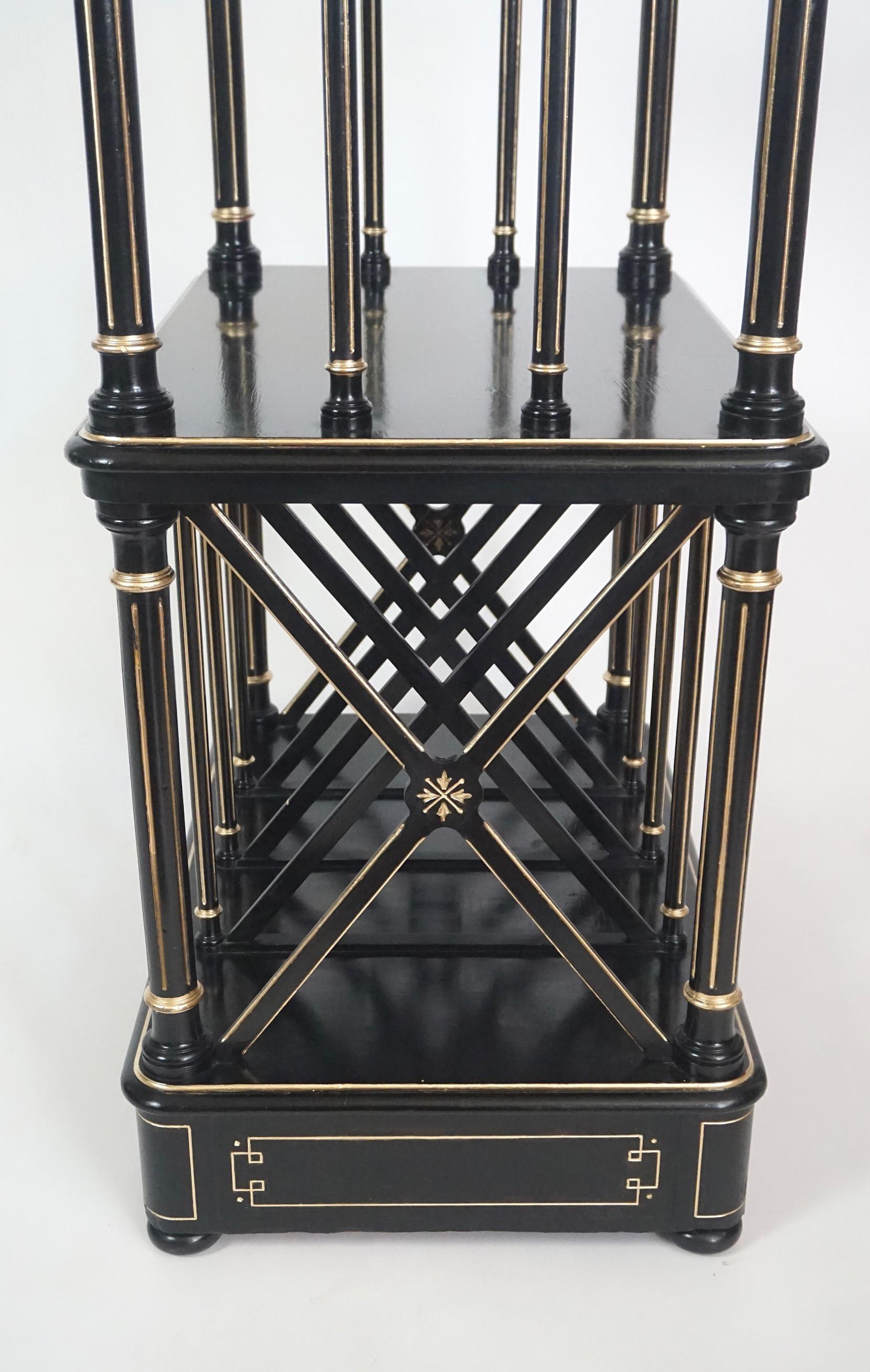 English Aesthetic Movement Ebonized and Parcel Gilt Canterbury Stand or Étagère For Sale 6