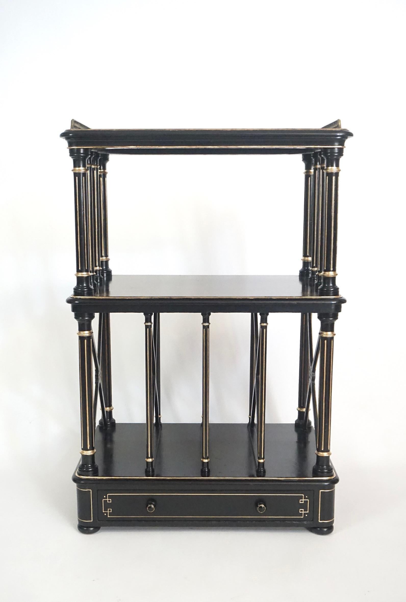 English Aesthetic Movement Ebonized and Parcel Gilt Canterbury Stand or Étagère In Good Condition For Sale In Kinderhook, NY