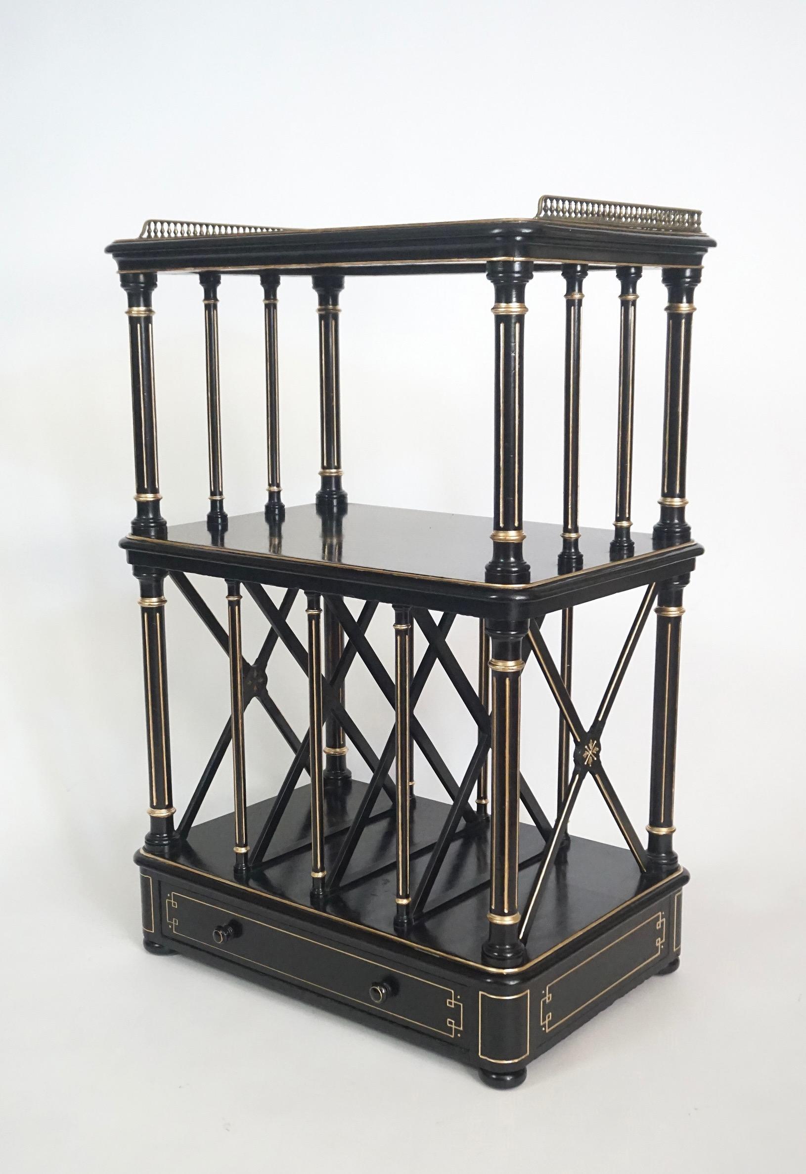 Late 19th Century English Aesthetic Movement Ebonized and Parcel Gilt Canterbury Stand or Étagère For Sale