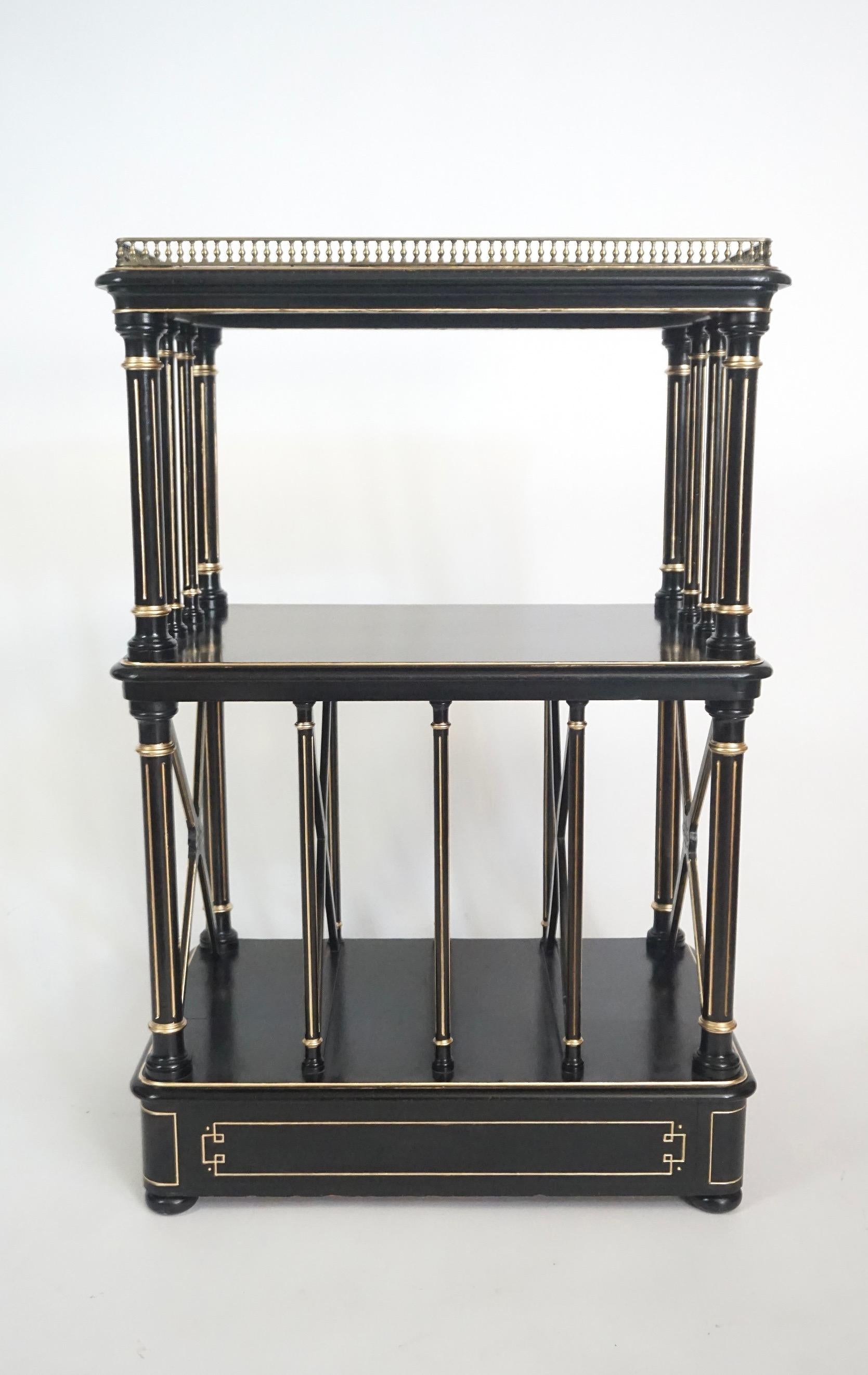 Brass English Aesthetic Movement Ebonized and Parcel Gilt Canterbury Stand or Étagère For Sale
