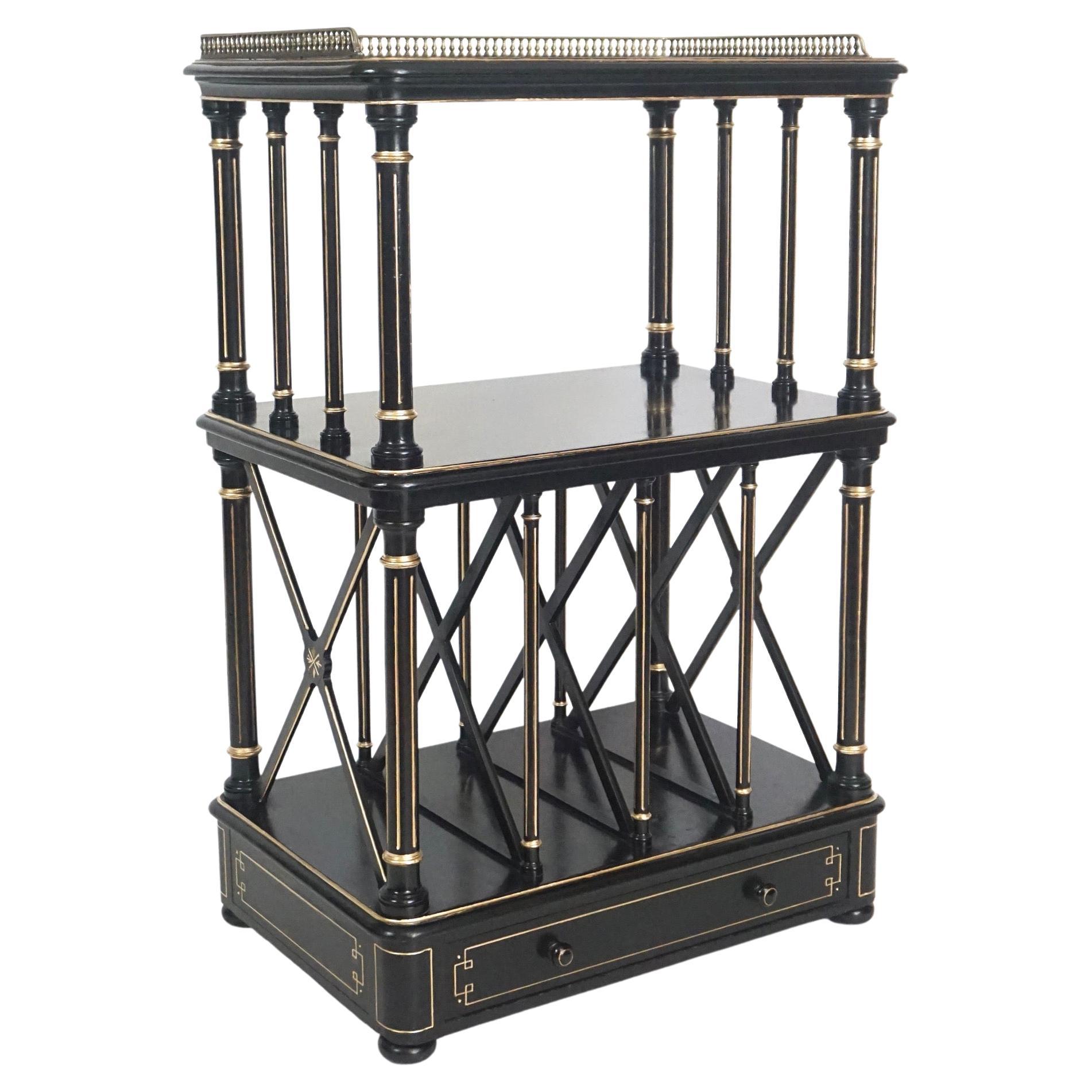 English Aesthetic Movement Ebonized and Parcel Gilt Canterbury Stand or Étagère For Sale
