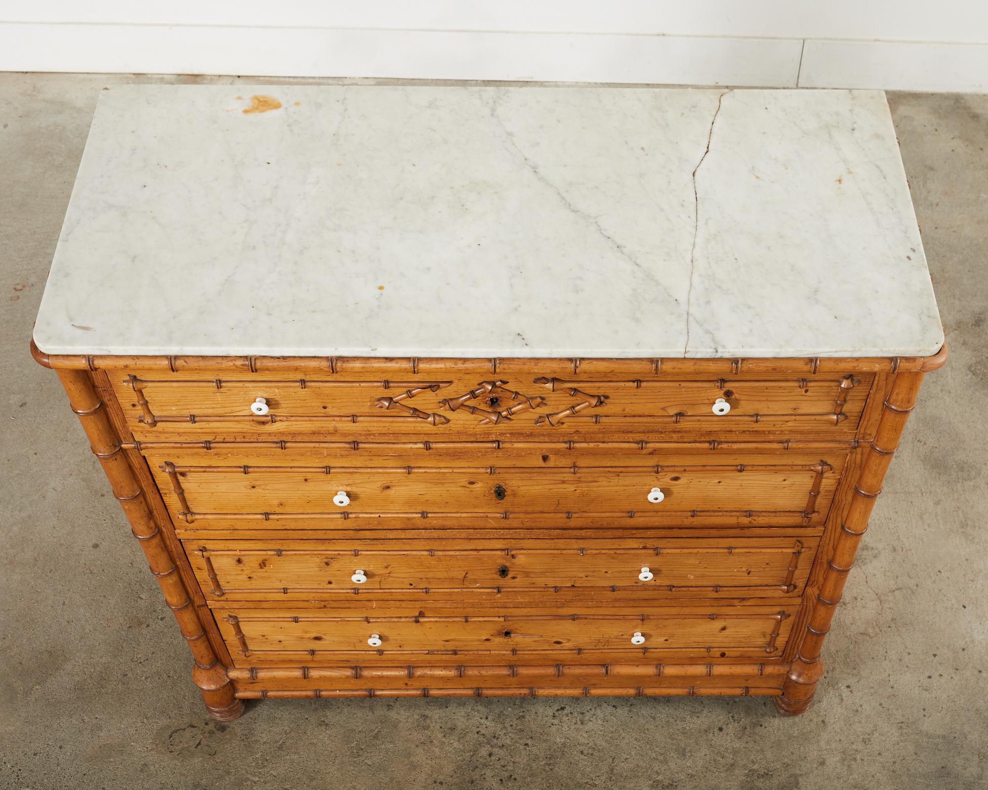 English Aesthetic Movement Faux Bamboo Marble Top Chest  In Distressed Condition In Rio Vista, CA