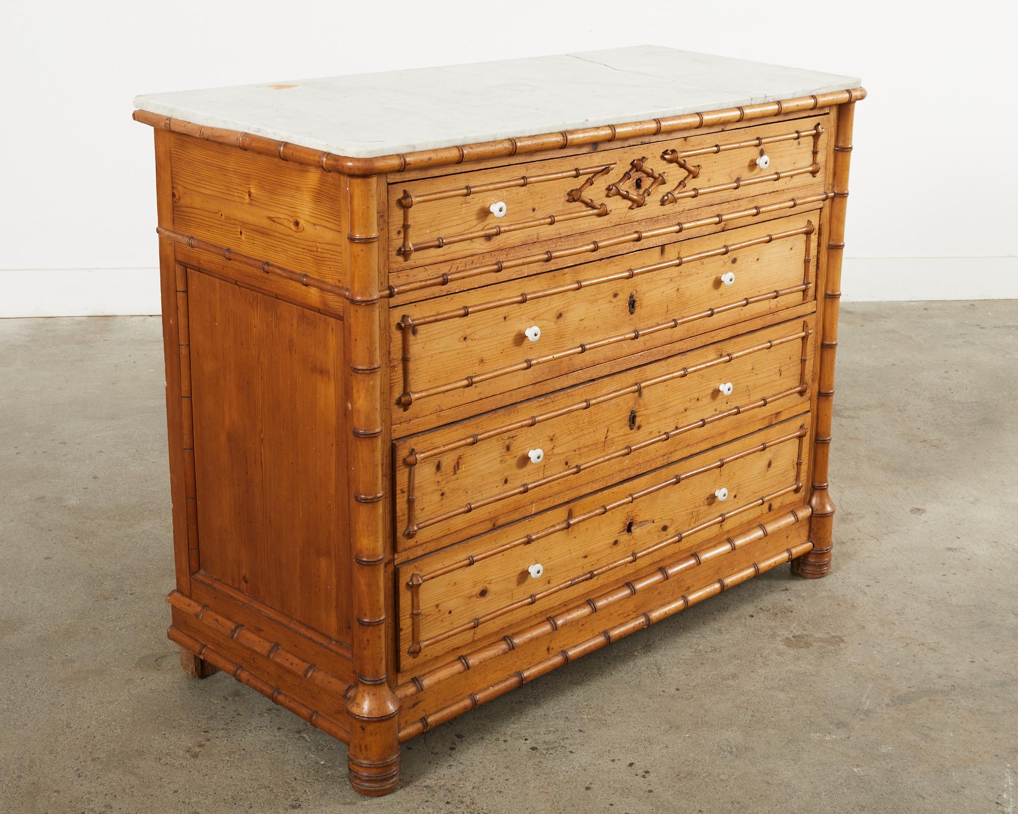19th Century English Aesthetic Movement Faux Bamboo Marble Top Chest 