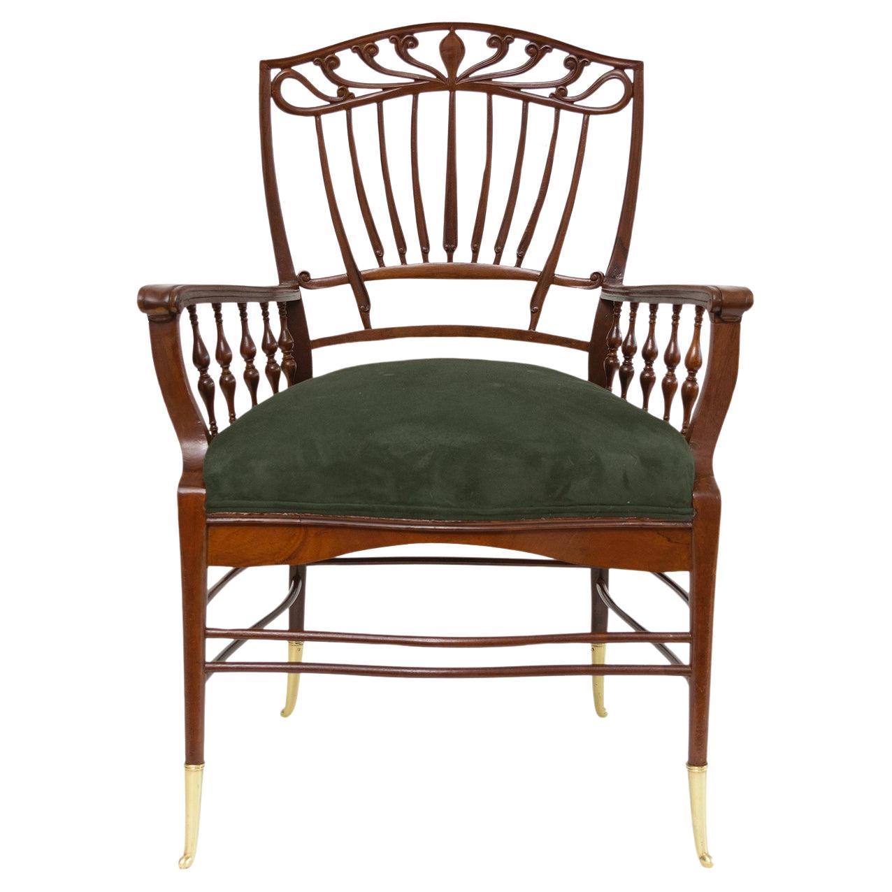 English Aesthetic Movement, Mahogany Armchair with Suede seat
