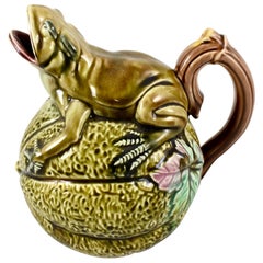 English Aesthetic Movement Majolica Frog on Melon Pitcher, circa 1860