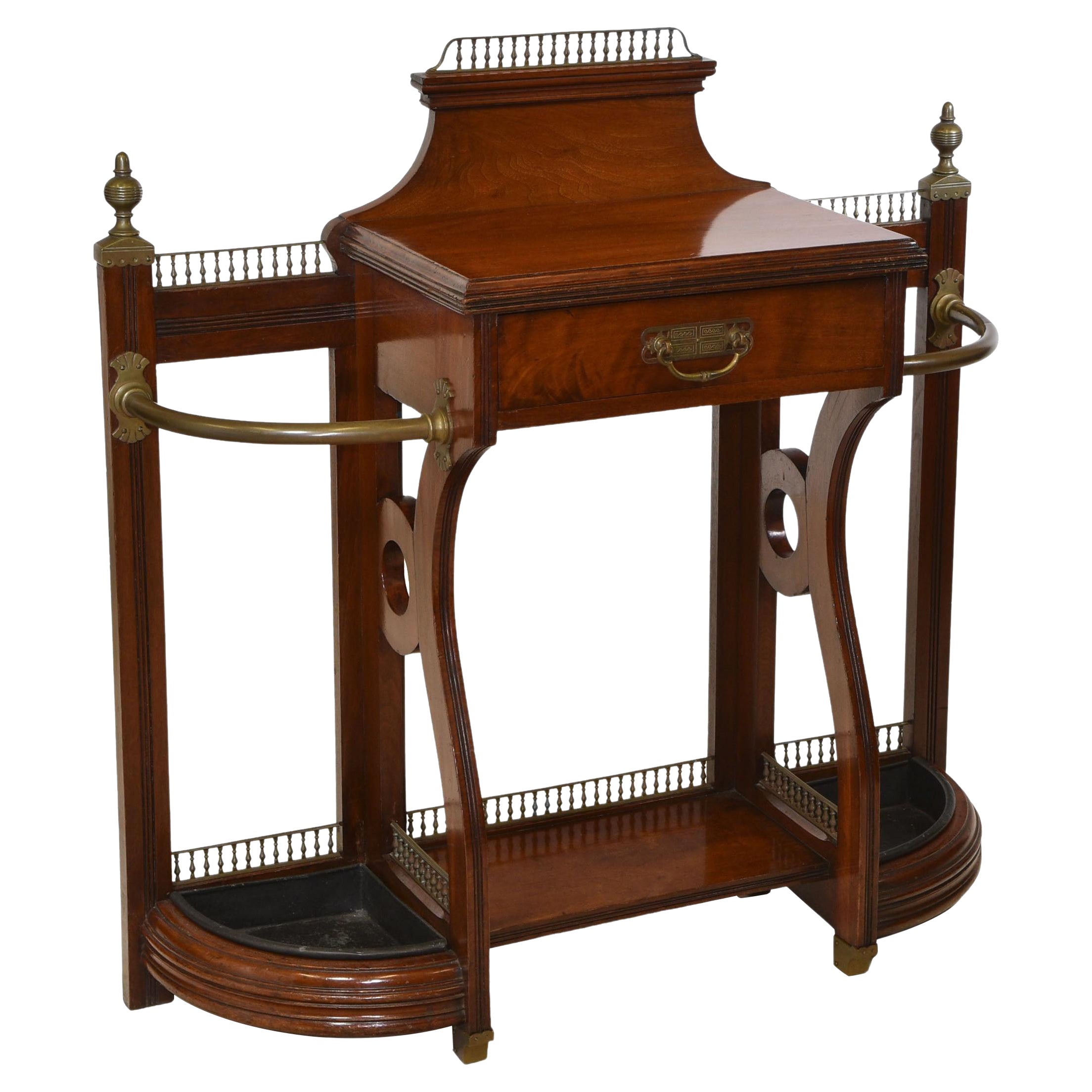 Aesthetic Movement, supporto per bastone da sala in noce e ottone, A. James Shoolbred