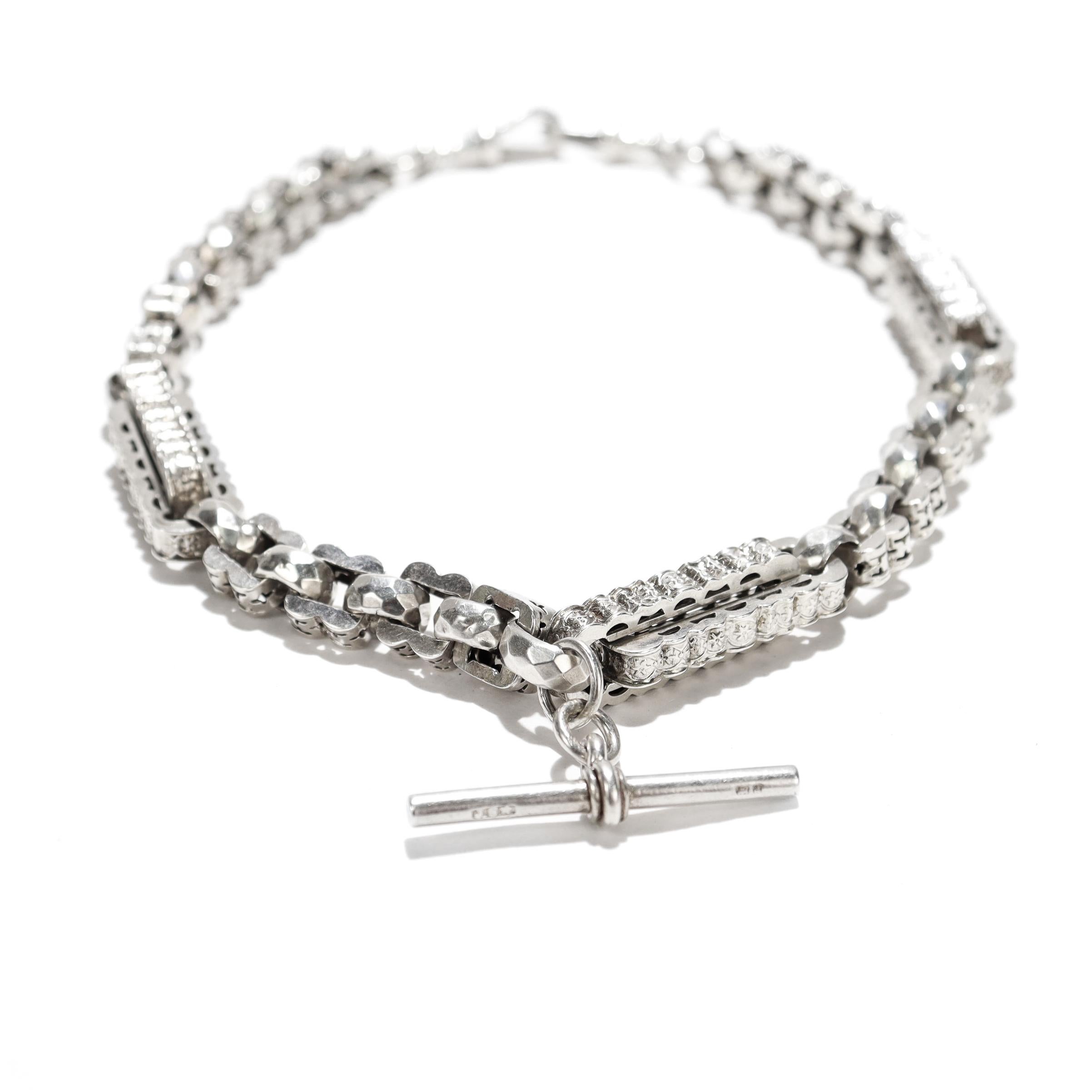 Englische ästhetische Sterlingsilber-Doppel-Albert-Uhrkette Choker-Halskette im Angebot 7