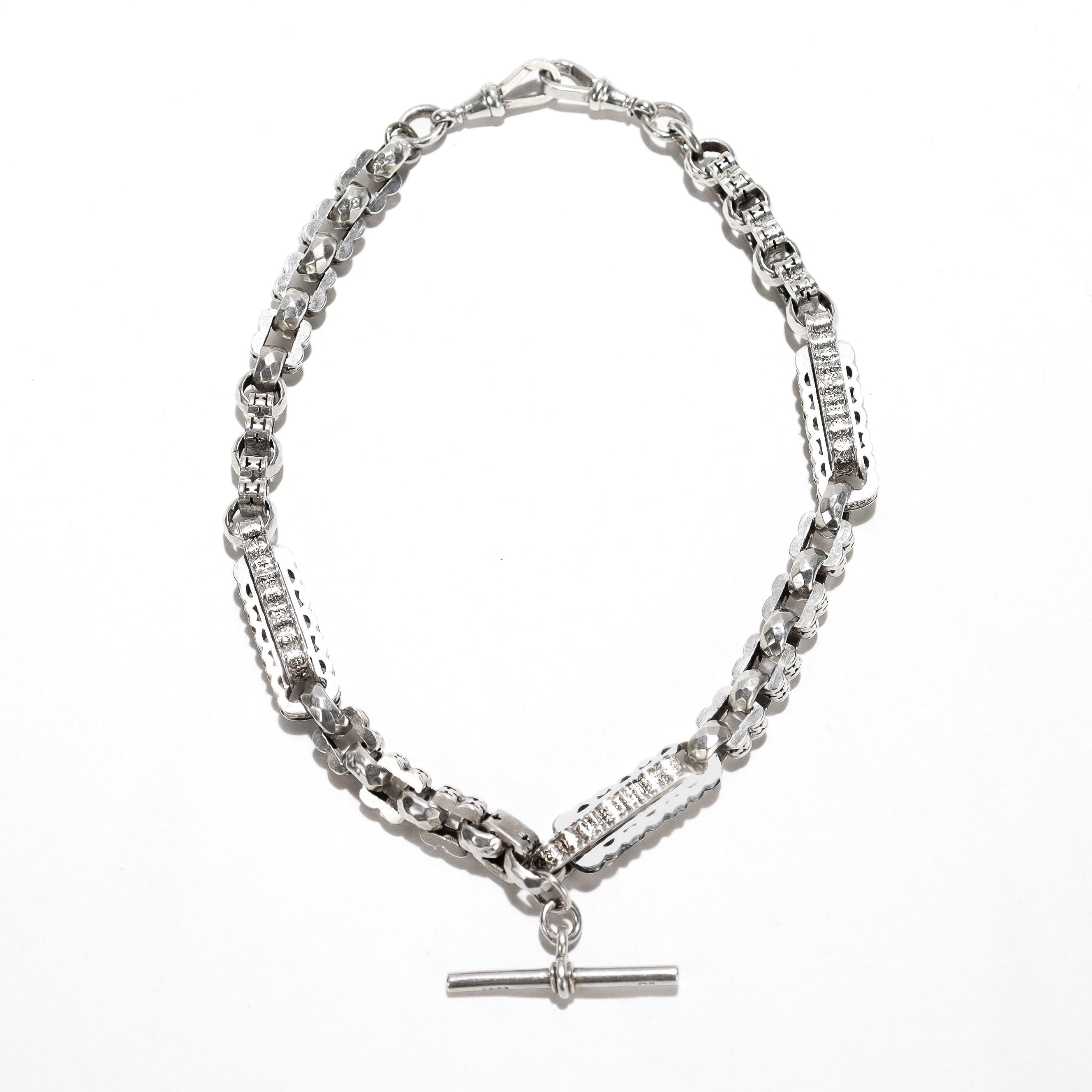 Englische ästhetische Sterlingsilber-Doppel-Albert-Uhrkette Choker-Halskette für Damen oder Herren im Angebot