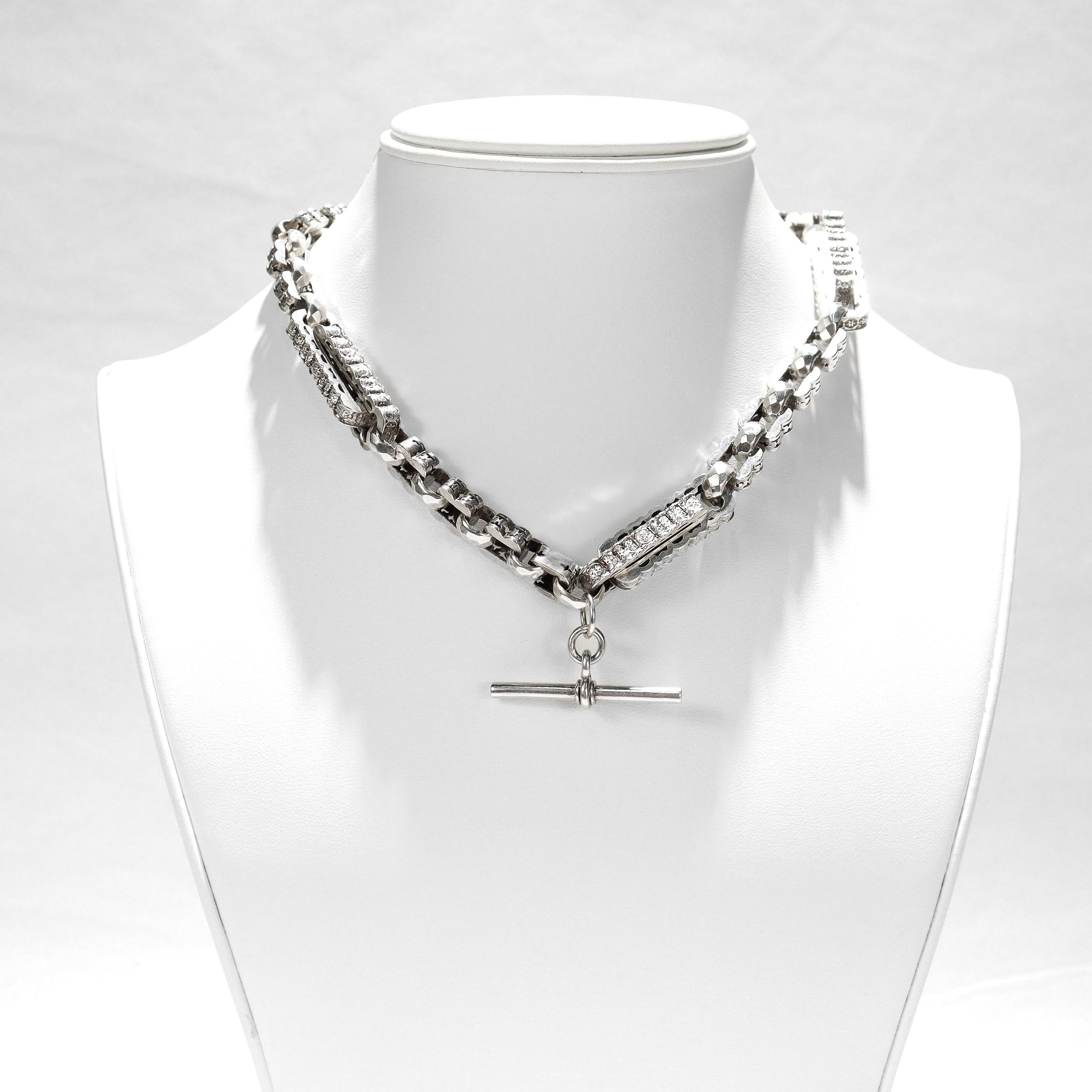 Englische ästhetische Sterlingsilber-Doppel-Albert-Uhrkette Choker-Halskette im Angebot 1