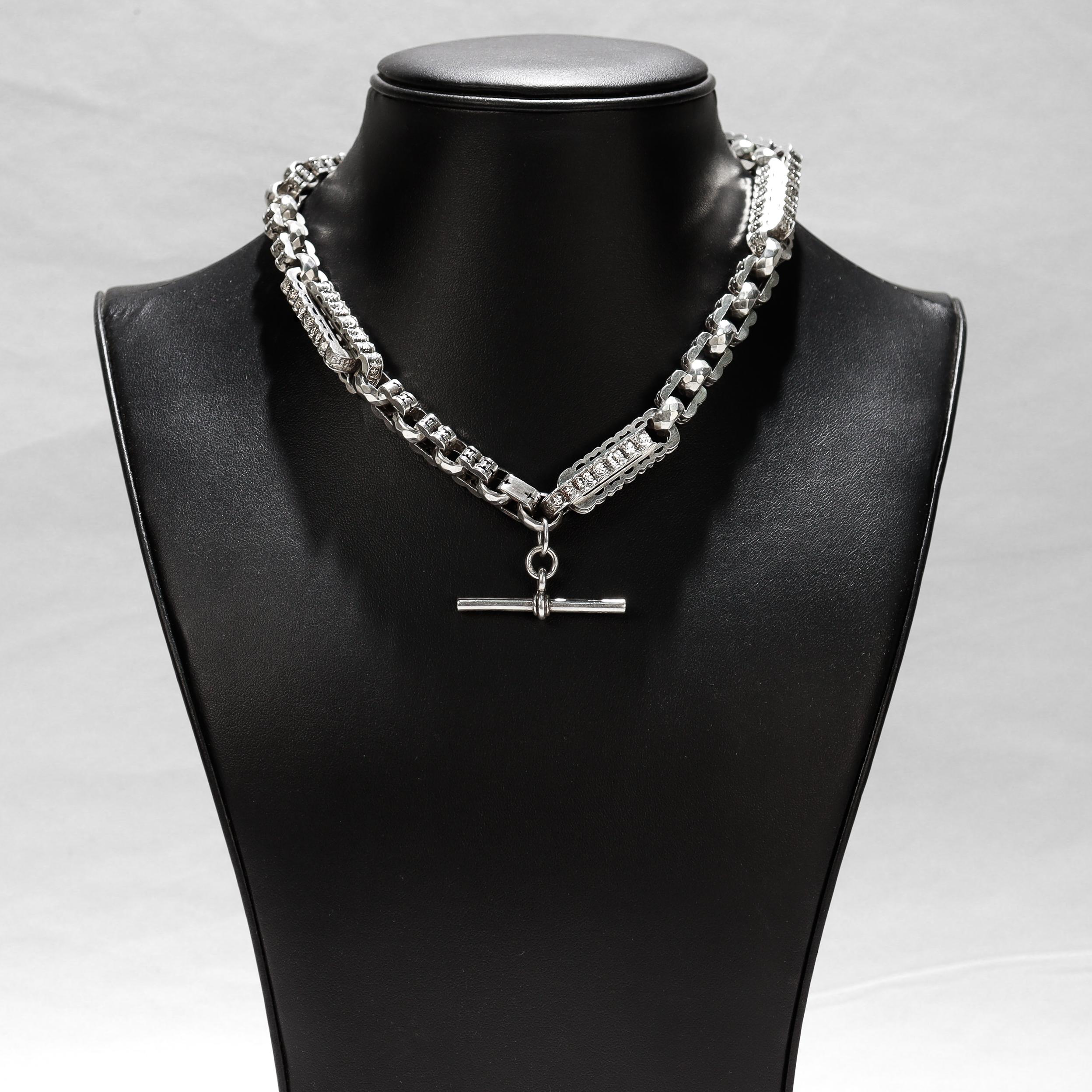 Englische ästhetische Sterlingsilber-Doppel-Albert-Uhrkette Choker-Halskette im Angebot 2