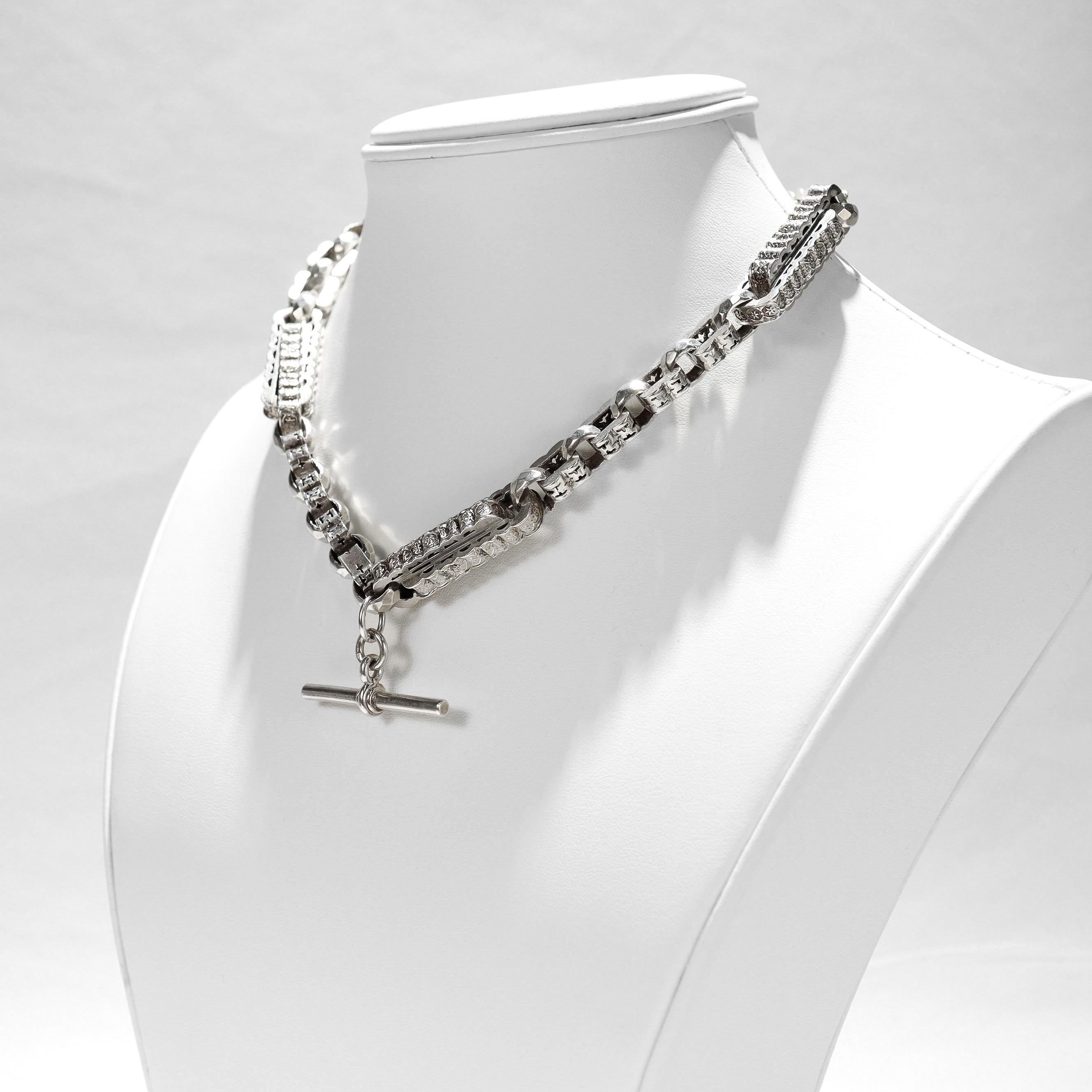 Englische ästhetische Sterlingsilber-Doppel-Albert-Uhrkette Choker-Halskette im Angebot 4