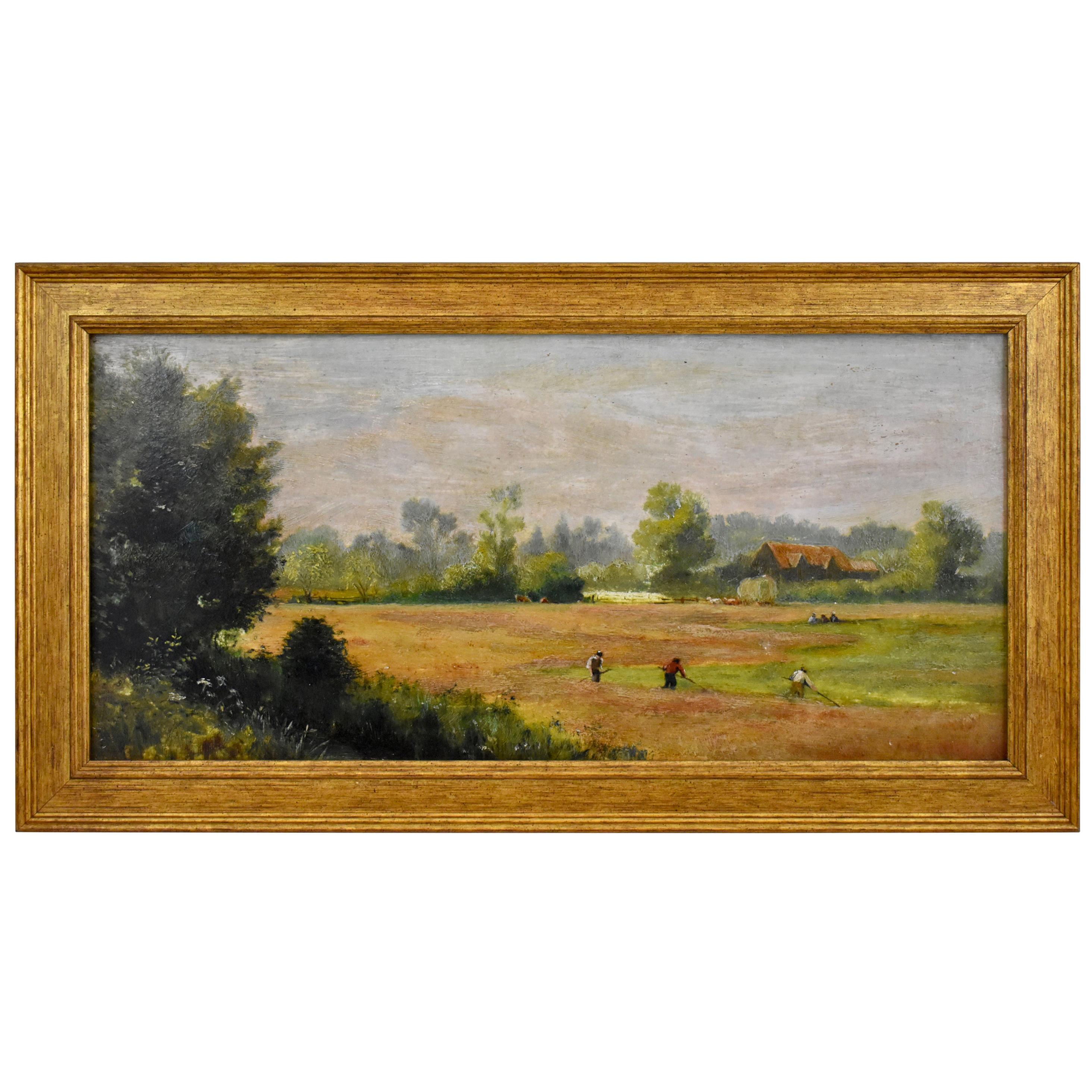 English Afternoon Pastoral Farm Scene Oil on Linen Painting Gold Leaf Wood Frame