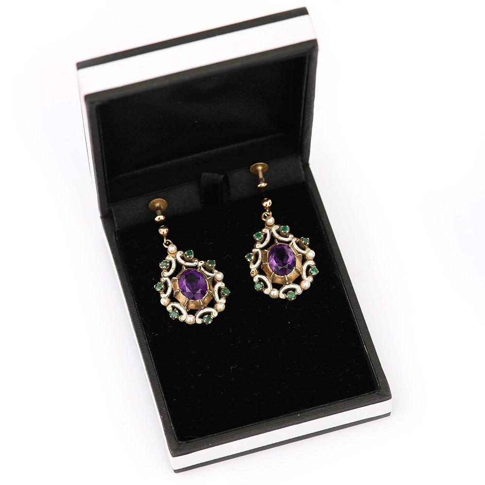 English Amethyst, Emerald, Pearl and Enamel Suffragette Style Drop Earrings 4