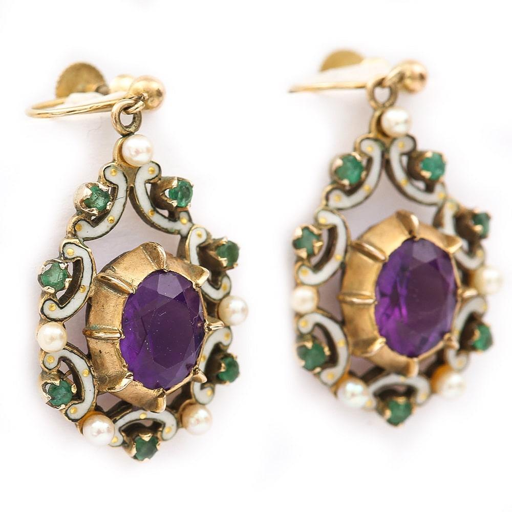 Retro English Amethyst, Emerald, Pearl and Enamel Suffragette Style Drop Earrings