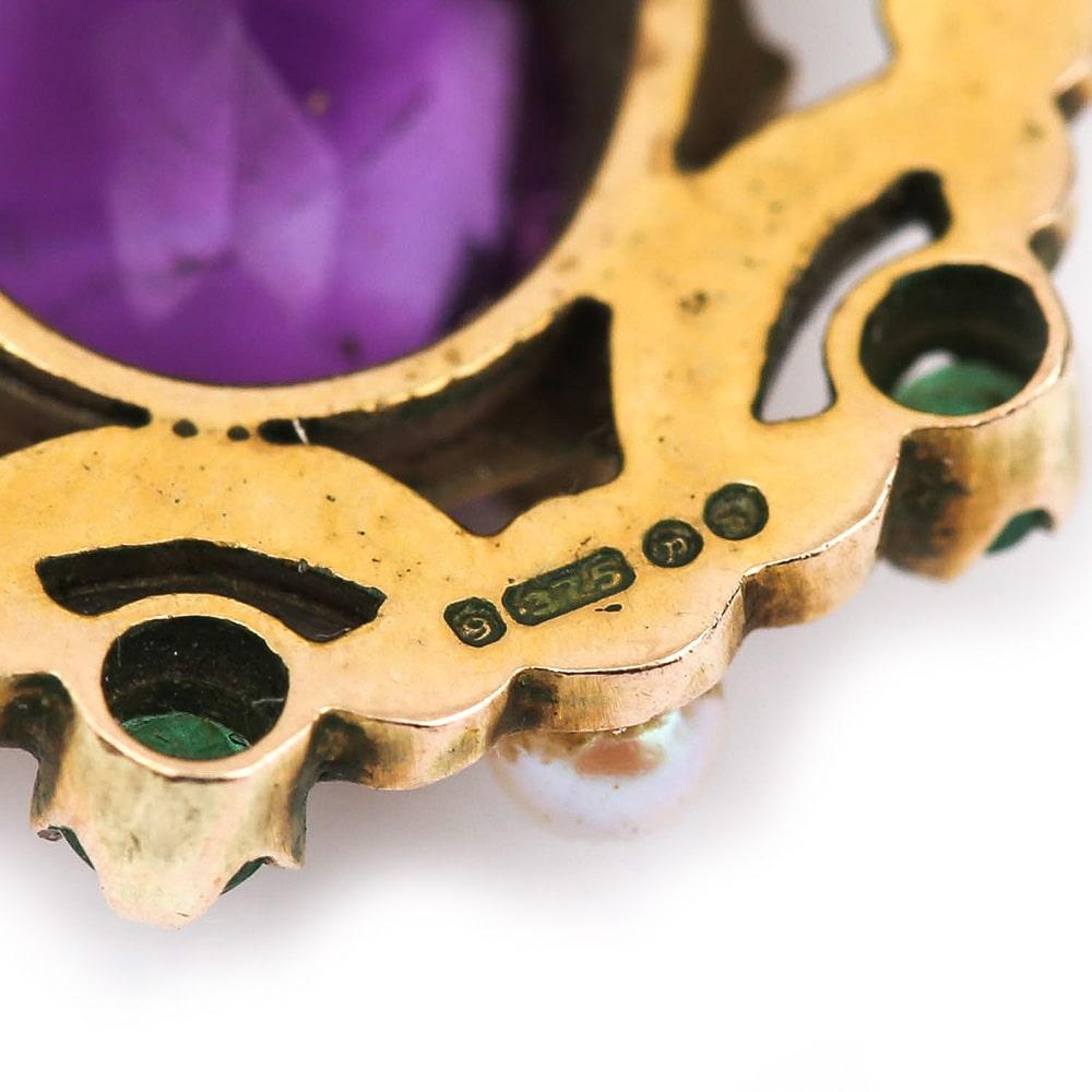 Round Cut English Amethyst, Emerald, Pearl and Enamel Suffragette Style Drop Earrings