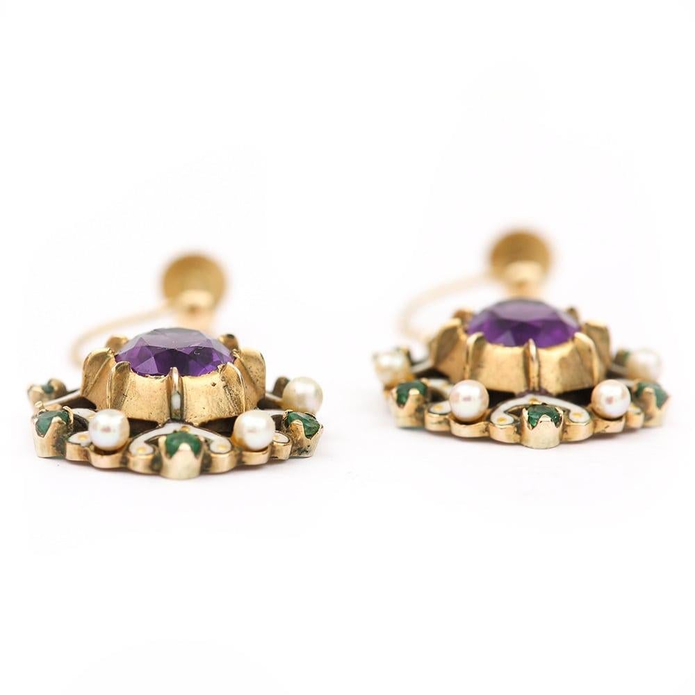 English Amethyst, Emerald, Pearl and Enamel Suffragette Style Drop Earrings In Good Condition In Lancashire, Oldham