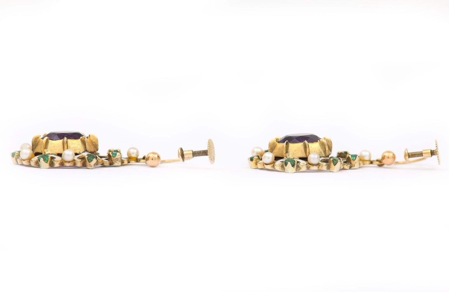 Women's English Amethyst, Emerald, Pearl and Enamel Suffragette Style Drop Earrings