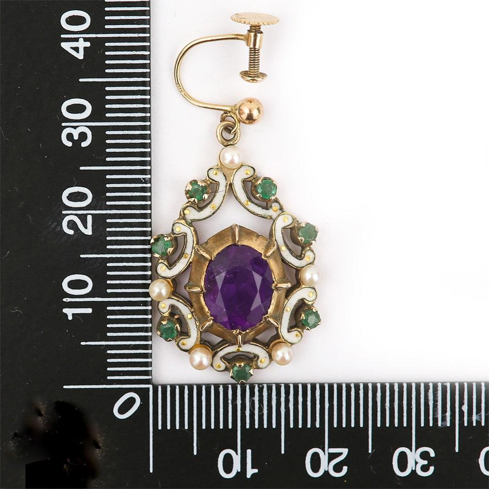 English Amethyst, Emerald, Pearl and Enamel Suffragette Style Drop Earrings 2